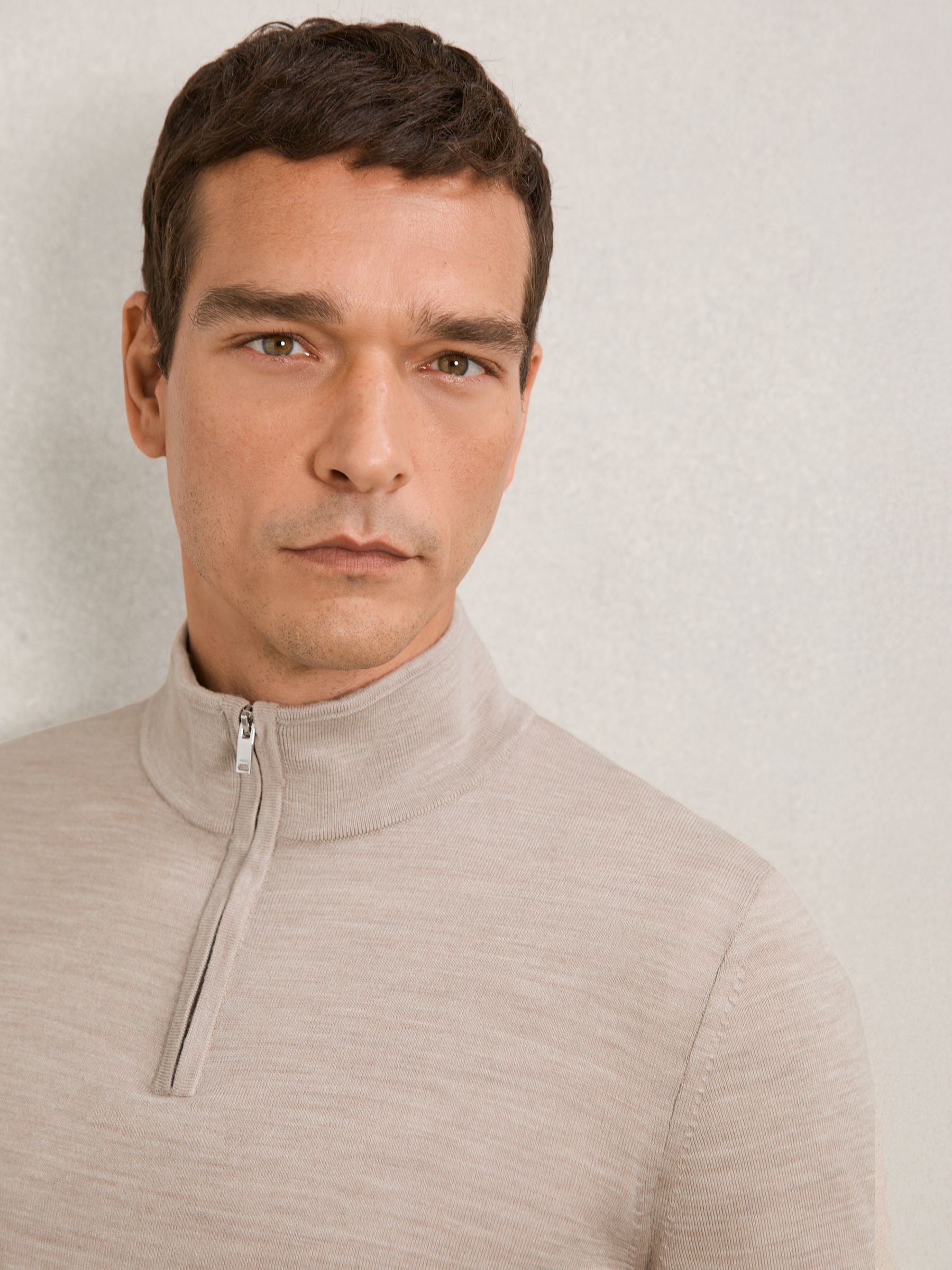 Merino Wool Half-Zip Funnel Neck Jumper in Wheat Melange