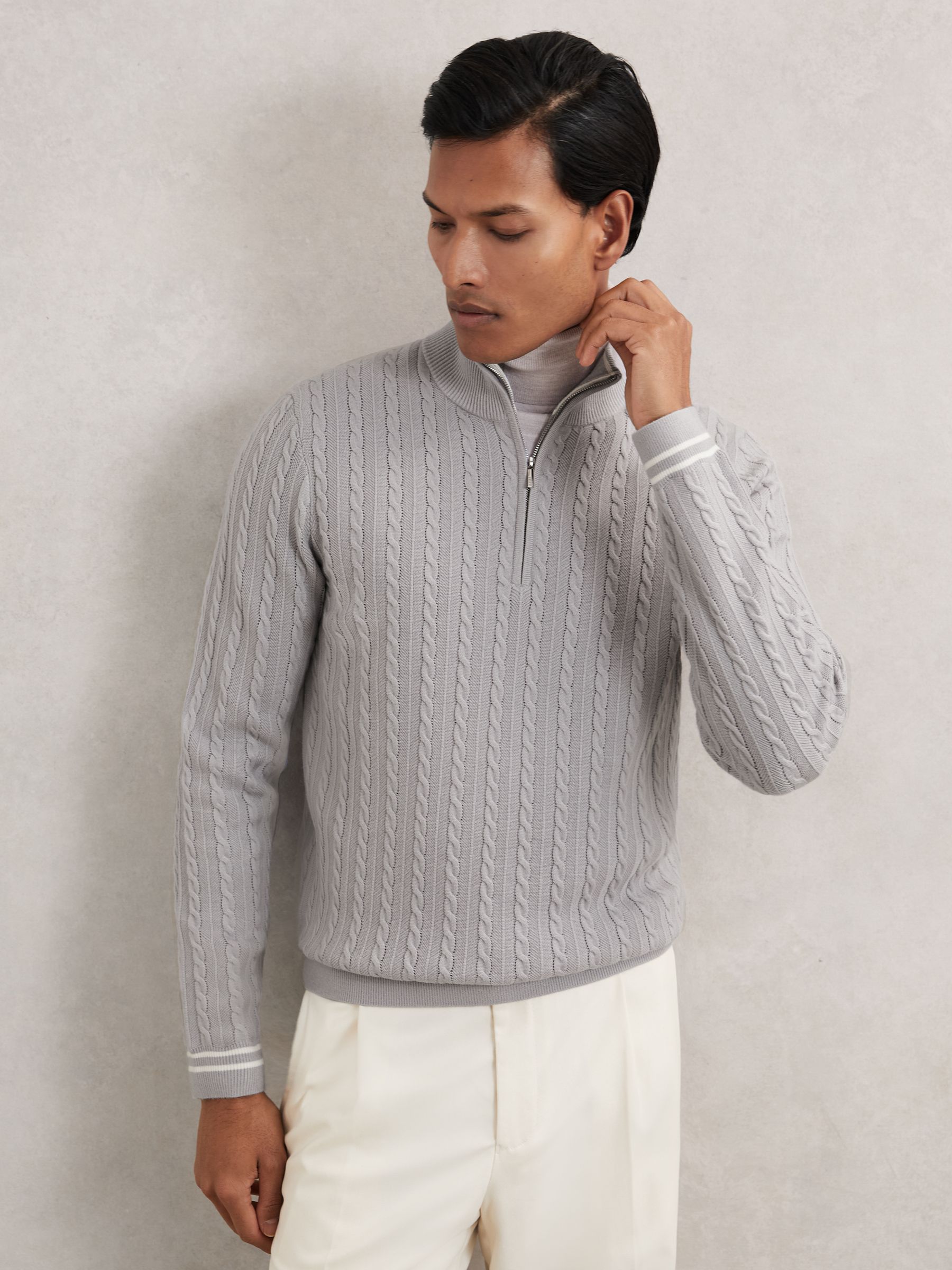 Half-Zip Cable Knit Jumper With Wool in Soft Blue