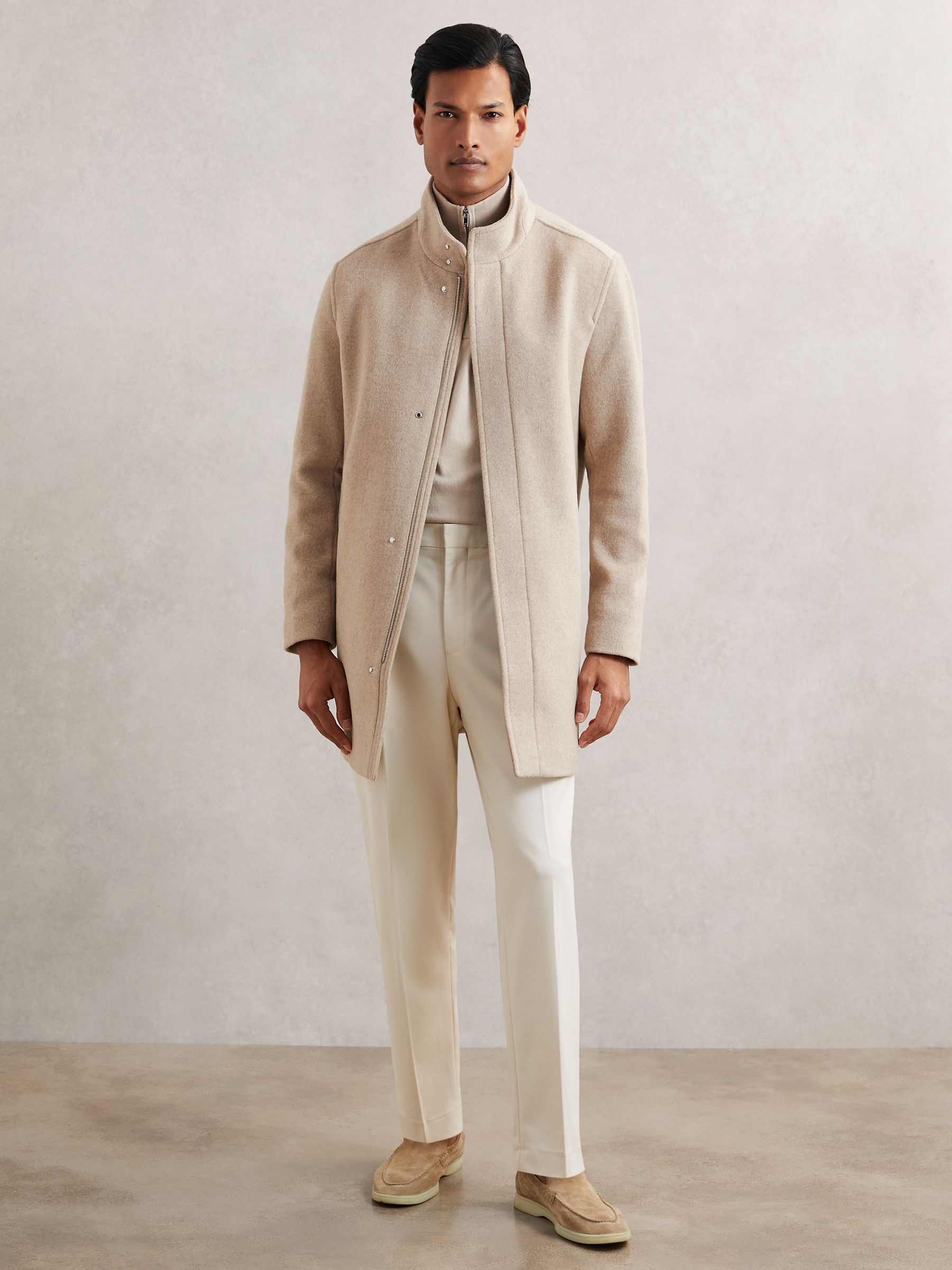 Wool-Blend Gilet-Insert Coat in Oatmeal Brown