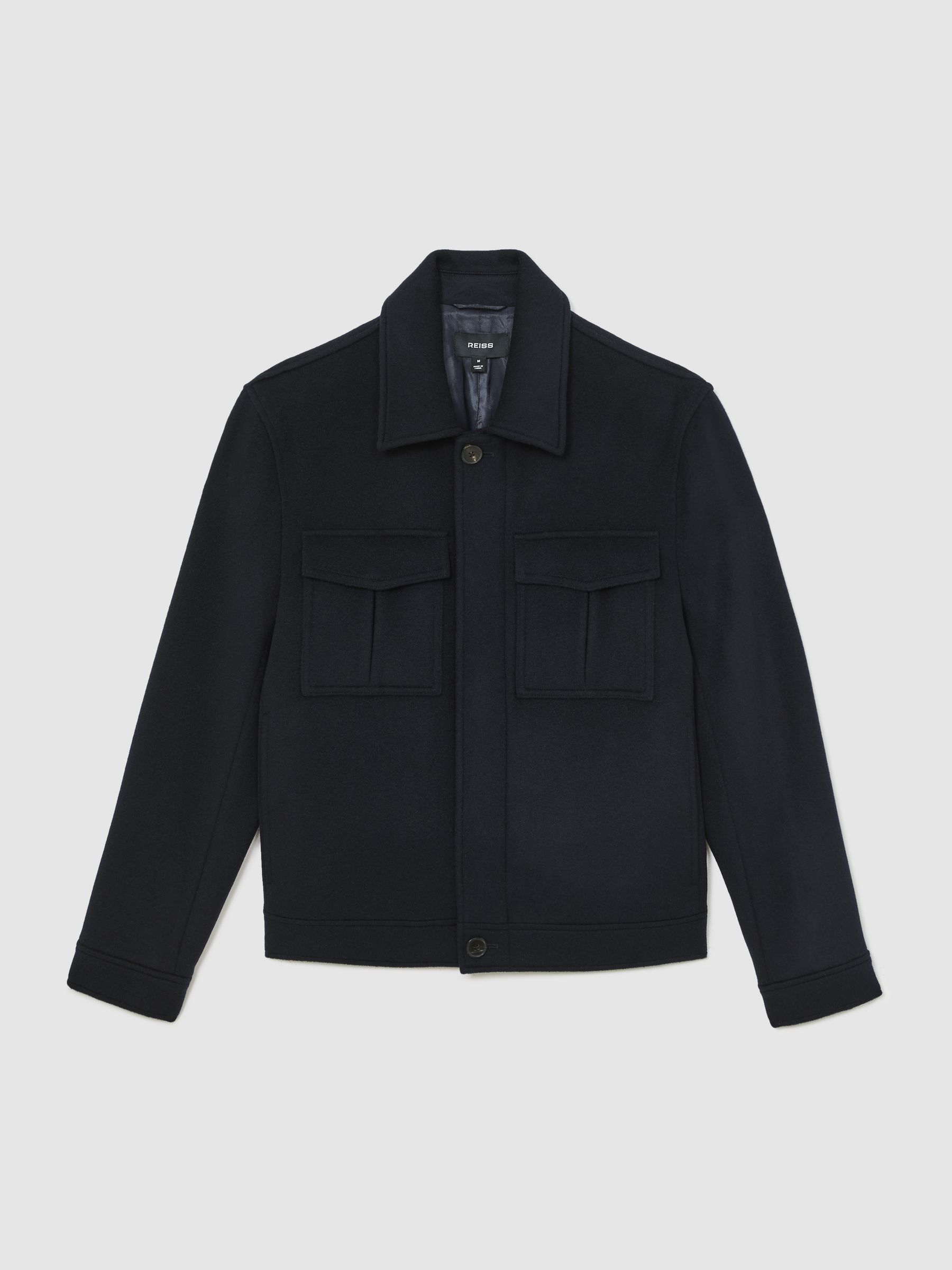 Wool Blend Twin Pocket Zipped Jacket in Navy