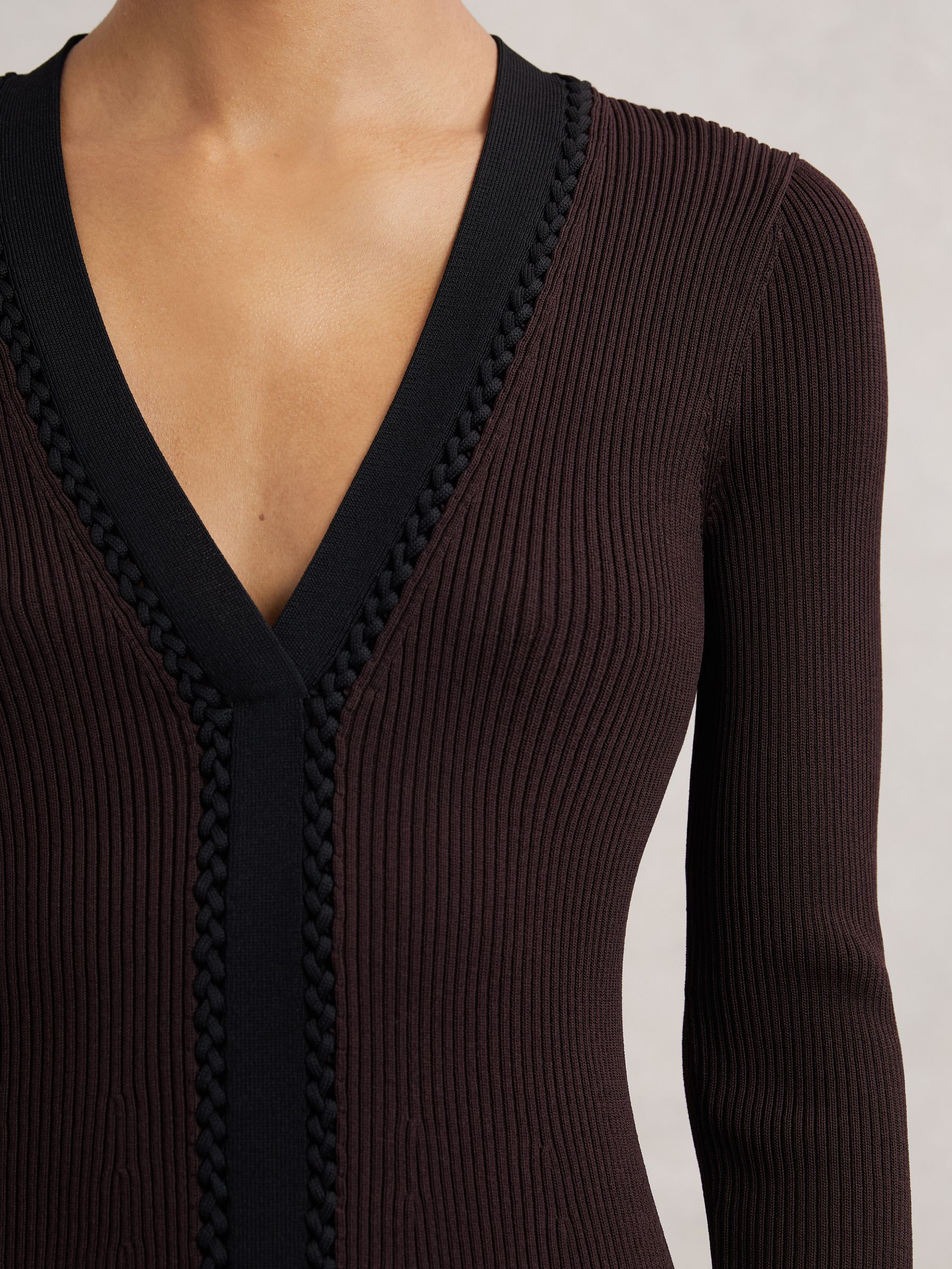 Craft-Stitch Rib-Knit Mini Dress in Burgundy/Black