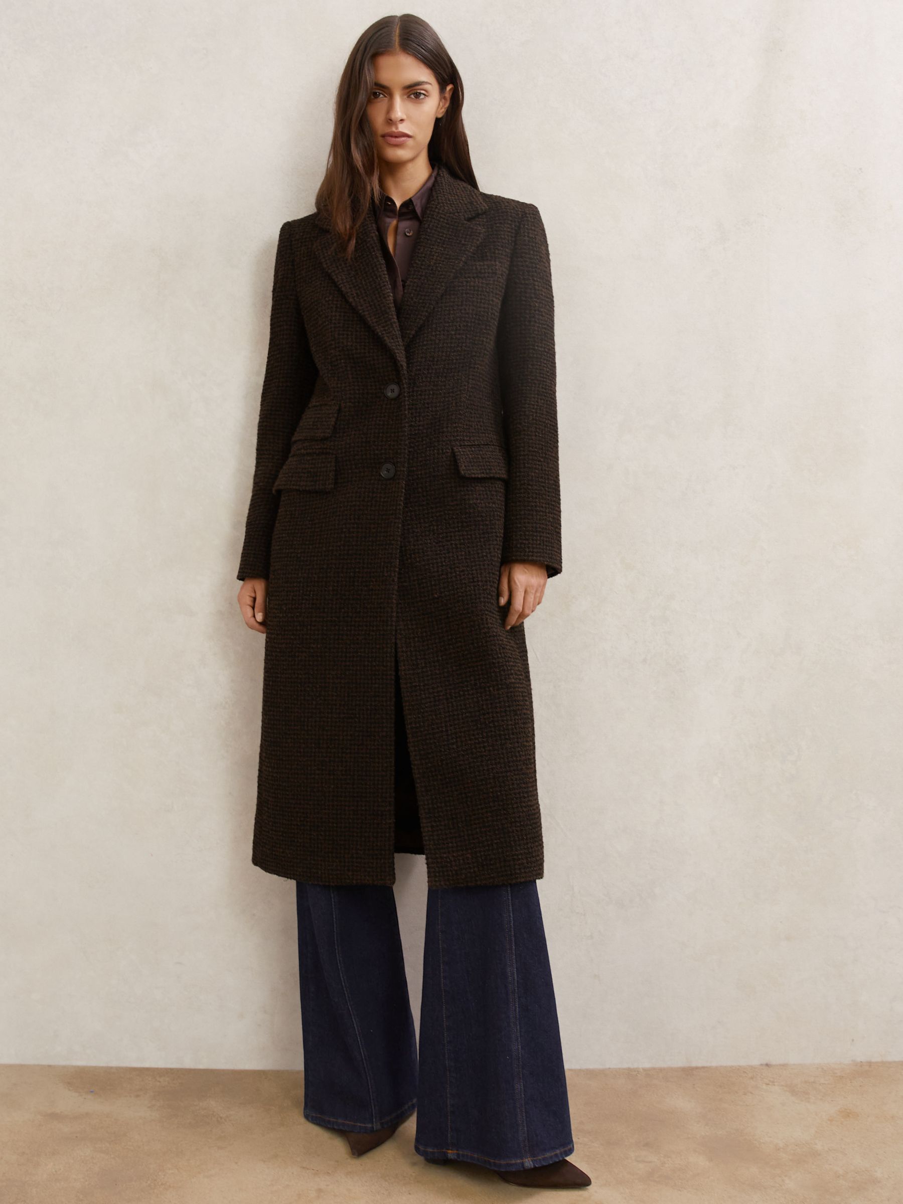 Petite Wool-Blend Houndstooth Check Coat in Chocolate Brown Check
