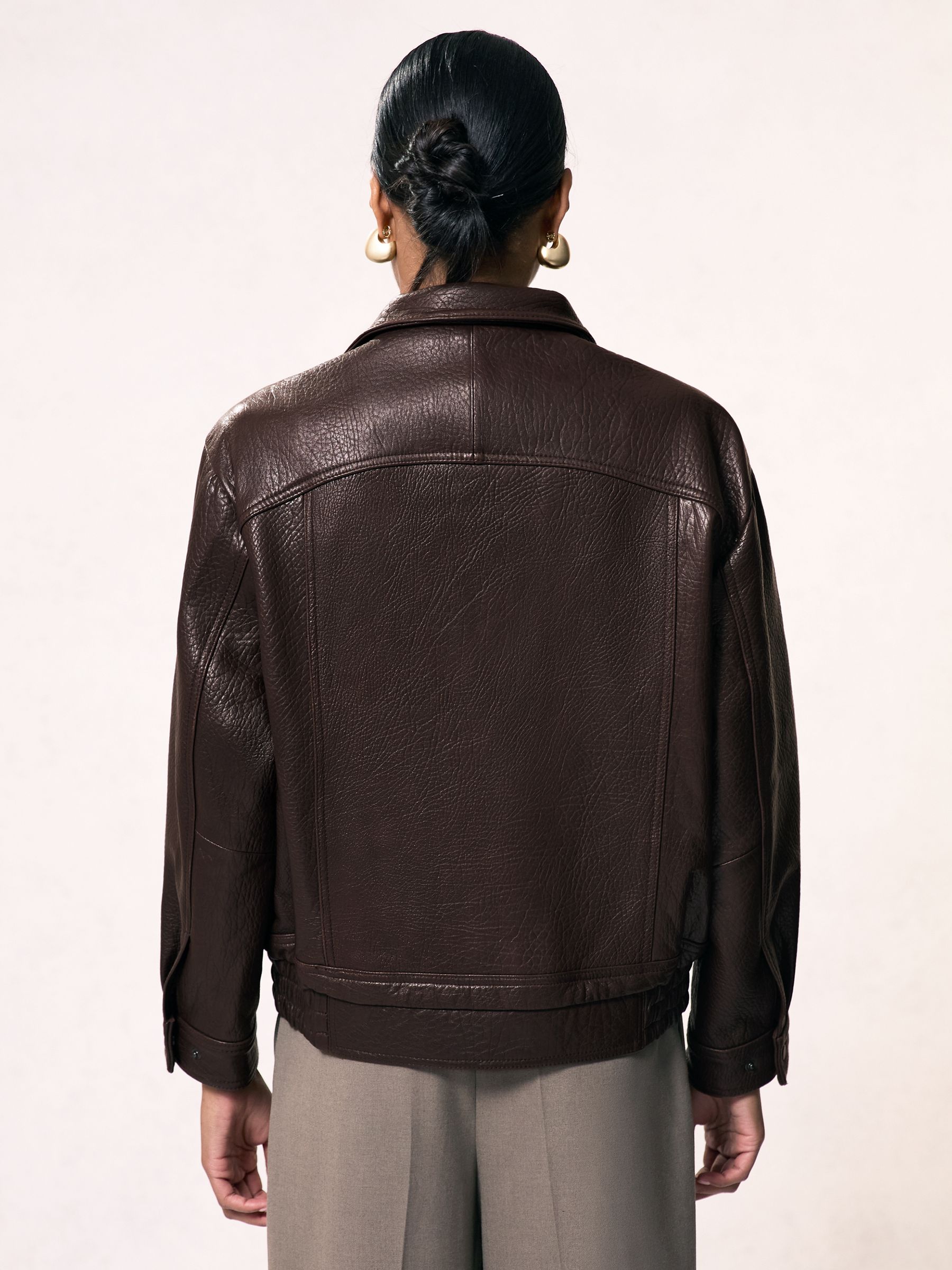 Oversize Grained-Leather Bomber Jacket in Burgundy