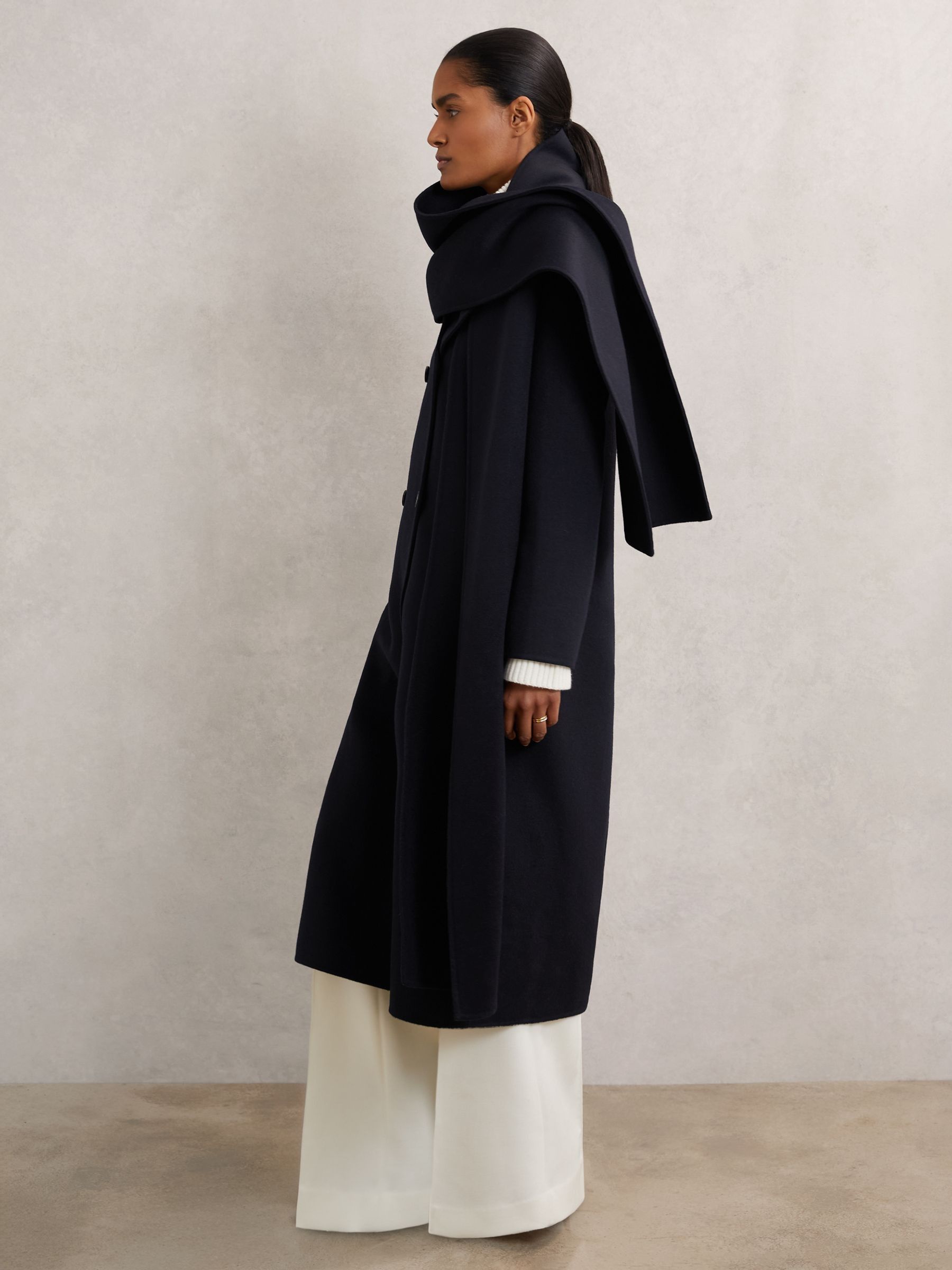 Wool-Blend Scarf Blindseam Coat in Navy