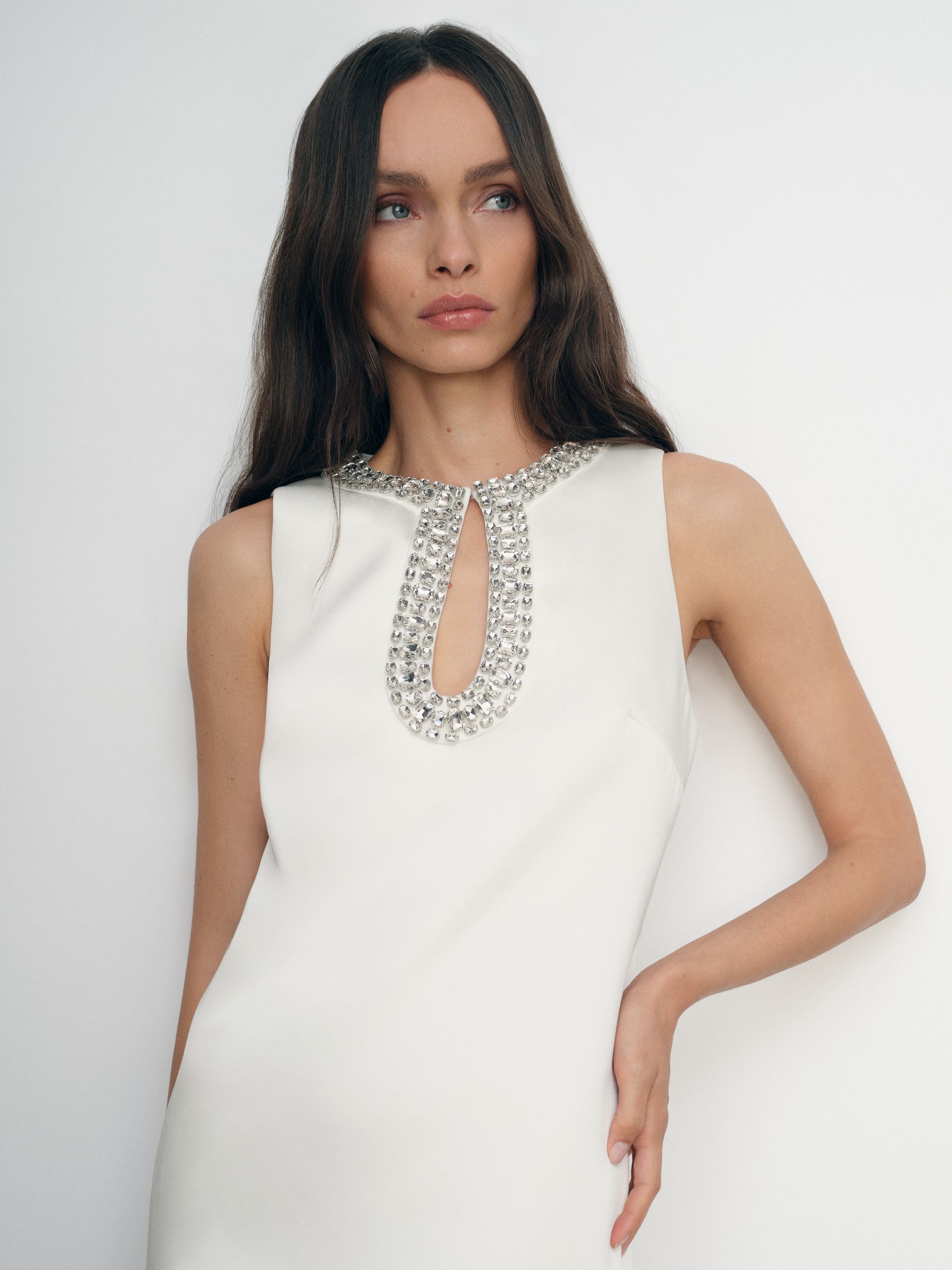 Satin Crystal-Embellished Mini Dress in Ivory