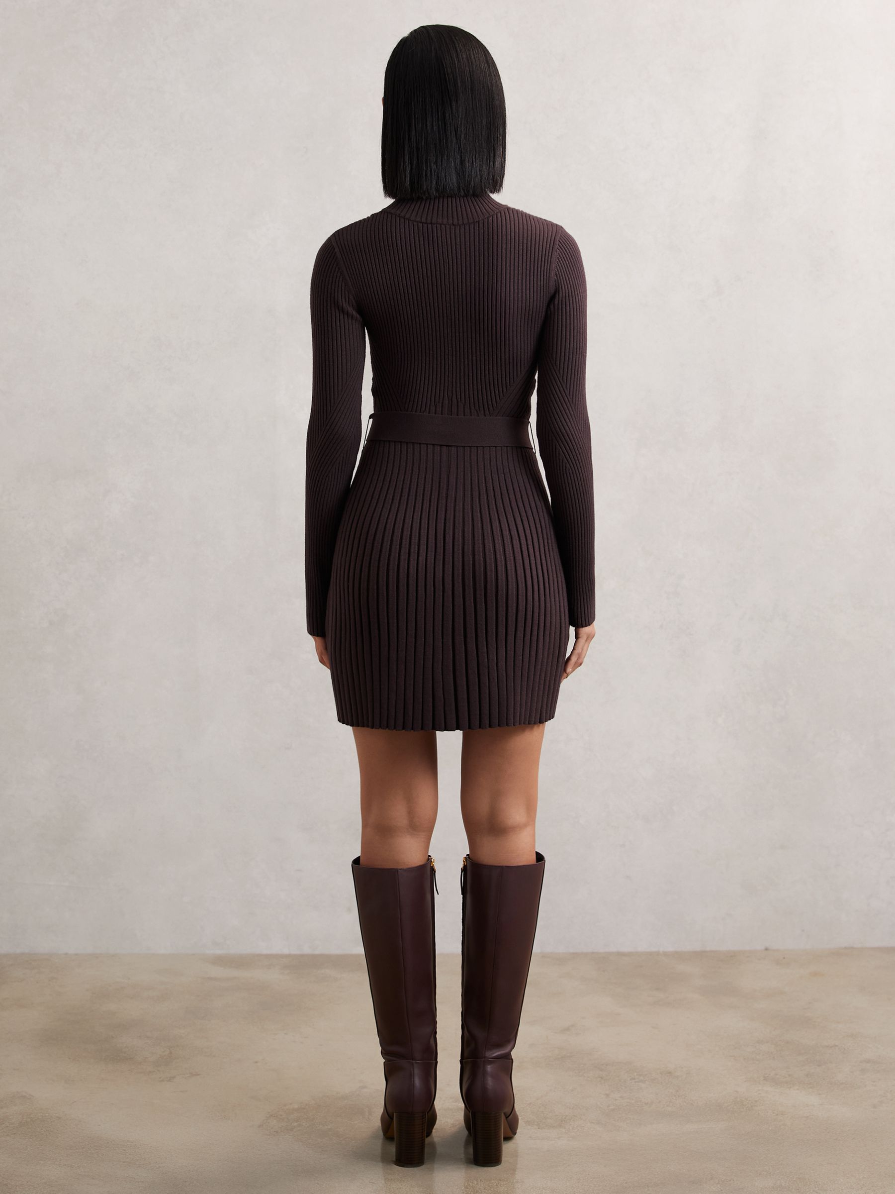 Rib-Knit Belted Half-Zip Flippy Dress in Plum Purple
