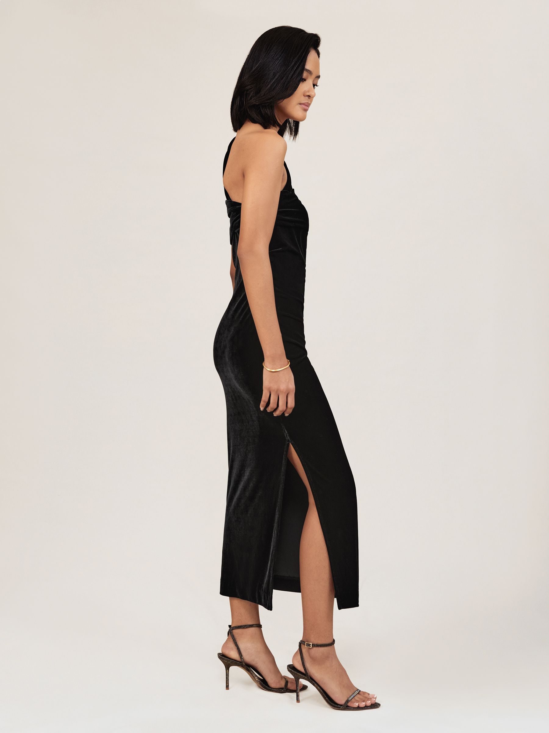 Velvet One-Shoulder Midi Dress in Black