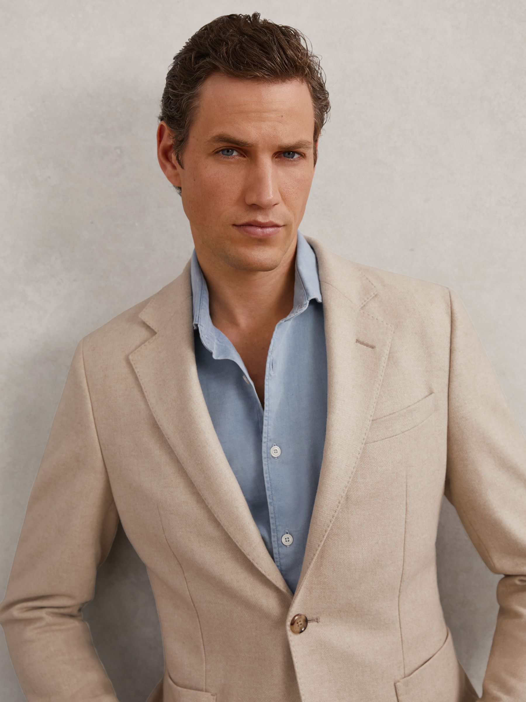 Flannel Slim-Fit Single-Breasted Blazer with Wool in Chocolate Brown