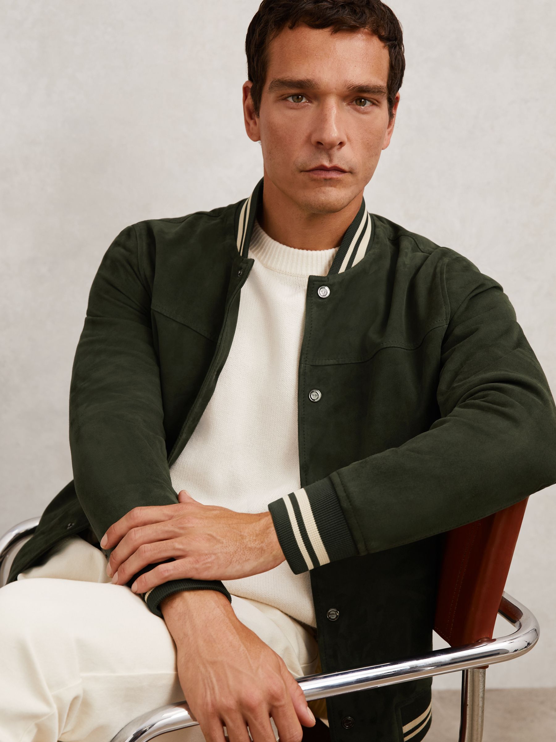 Suede Stripe-Trim Bomber Jacket in Forest Green