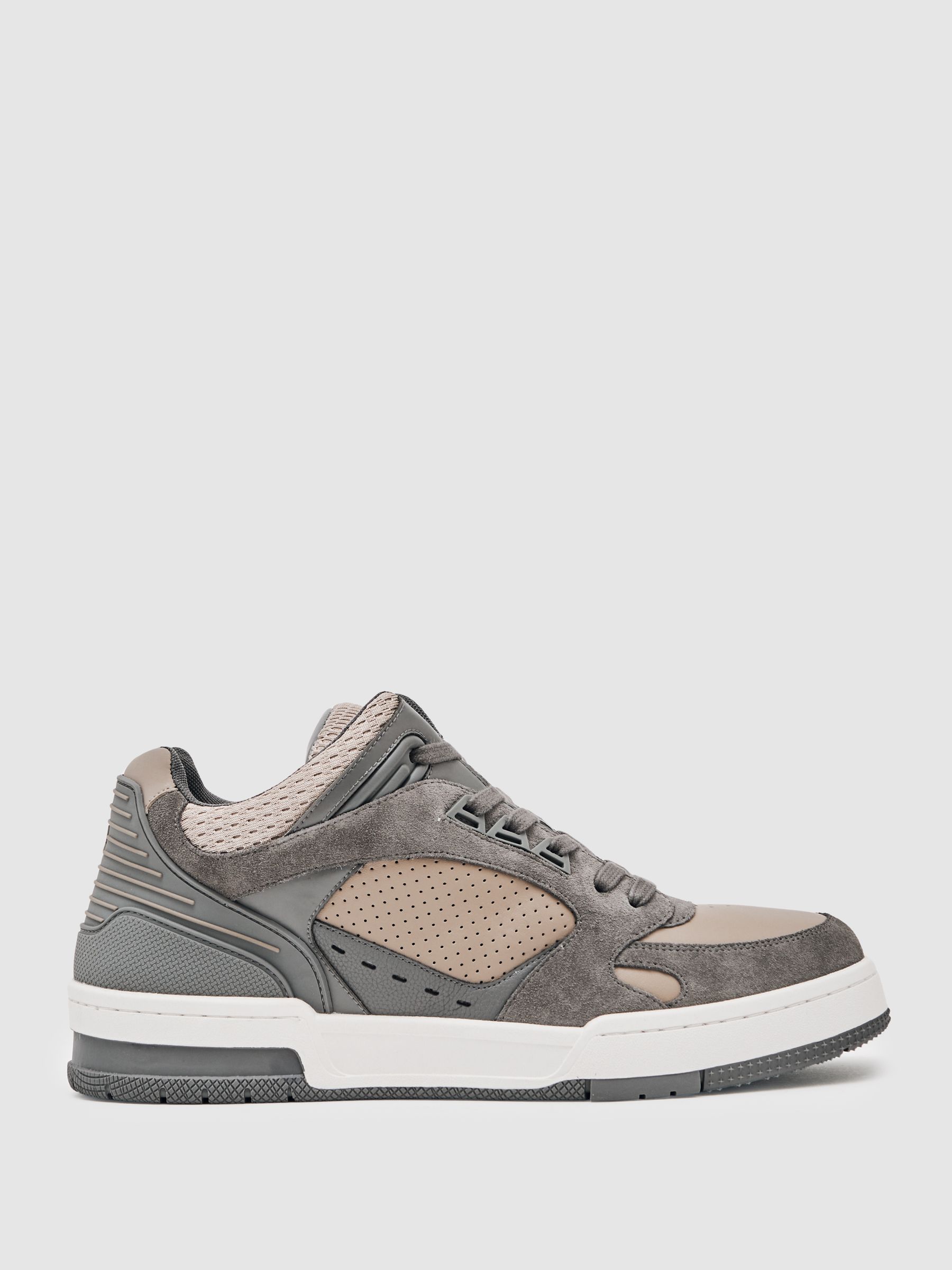 Bonded-Leather Mid-Top Skater Trainers in Charcoal Grey/Dark Beige