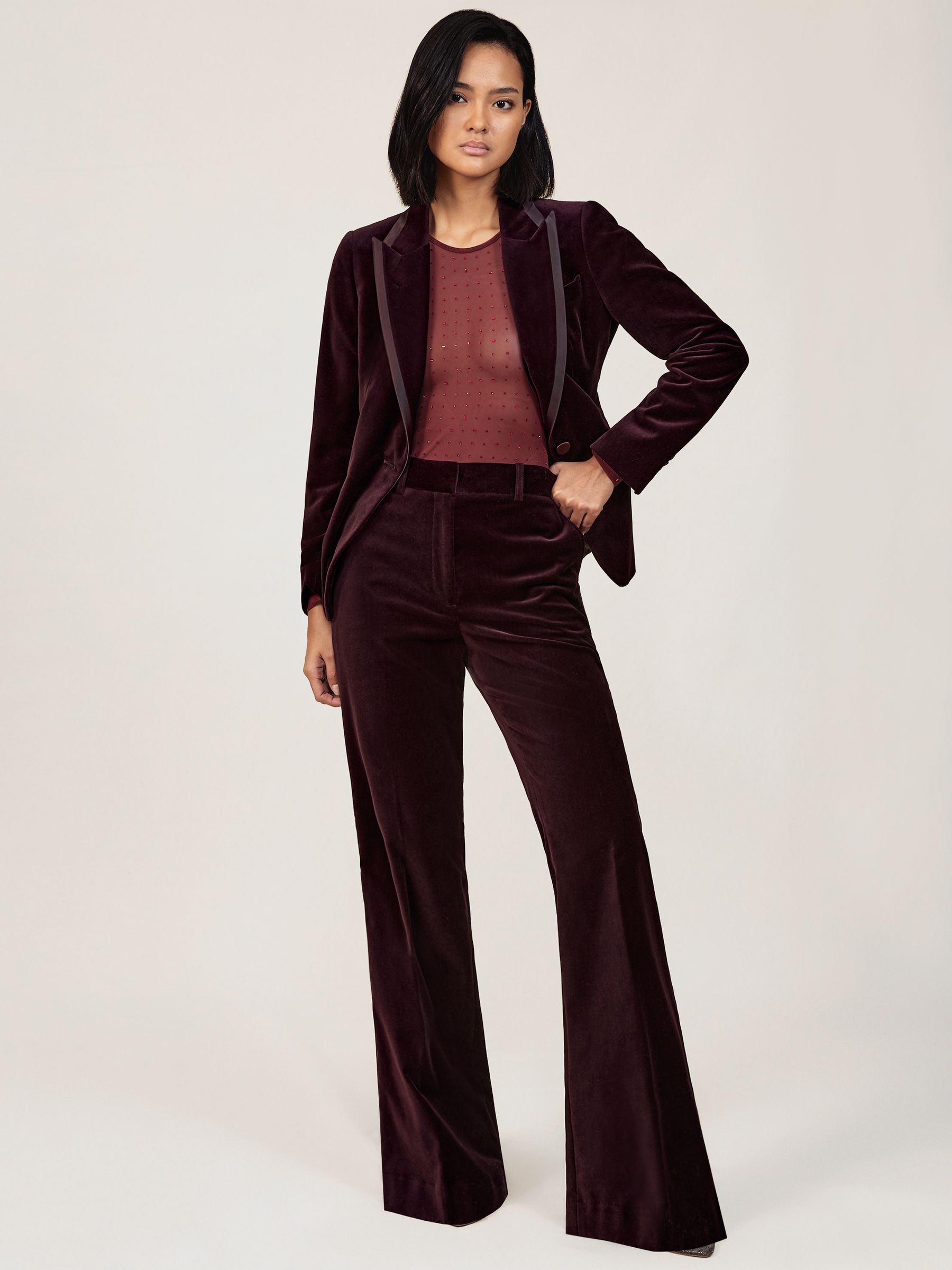 Petite Velvet Tuxedo-Stripe Flared Trousers in Red