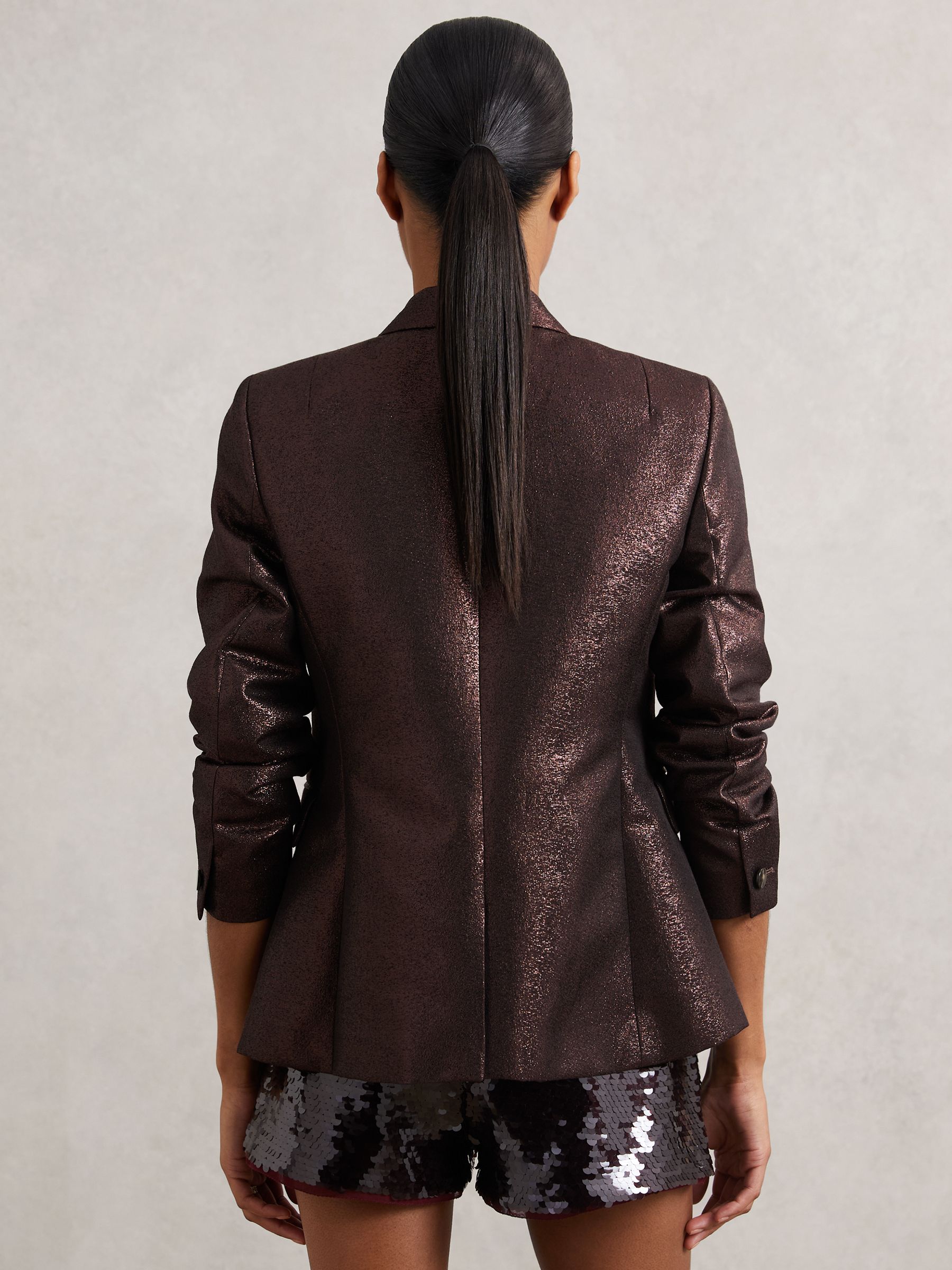 Petite Double-Breasted Metallic Suit Blazer with Cotton in Burgundy