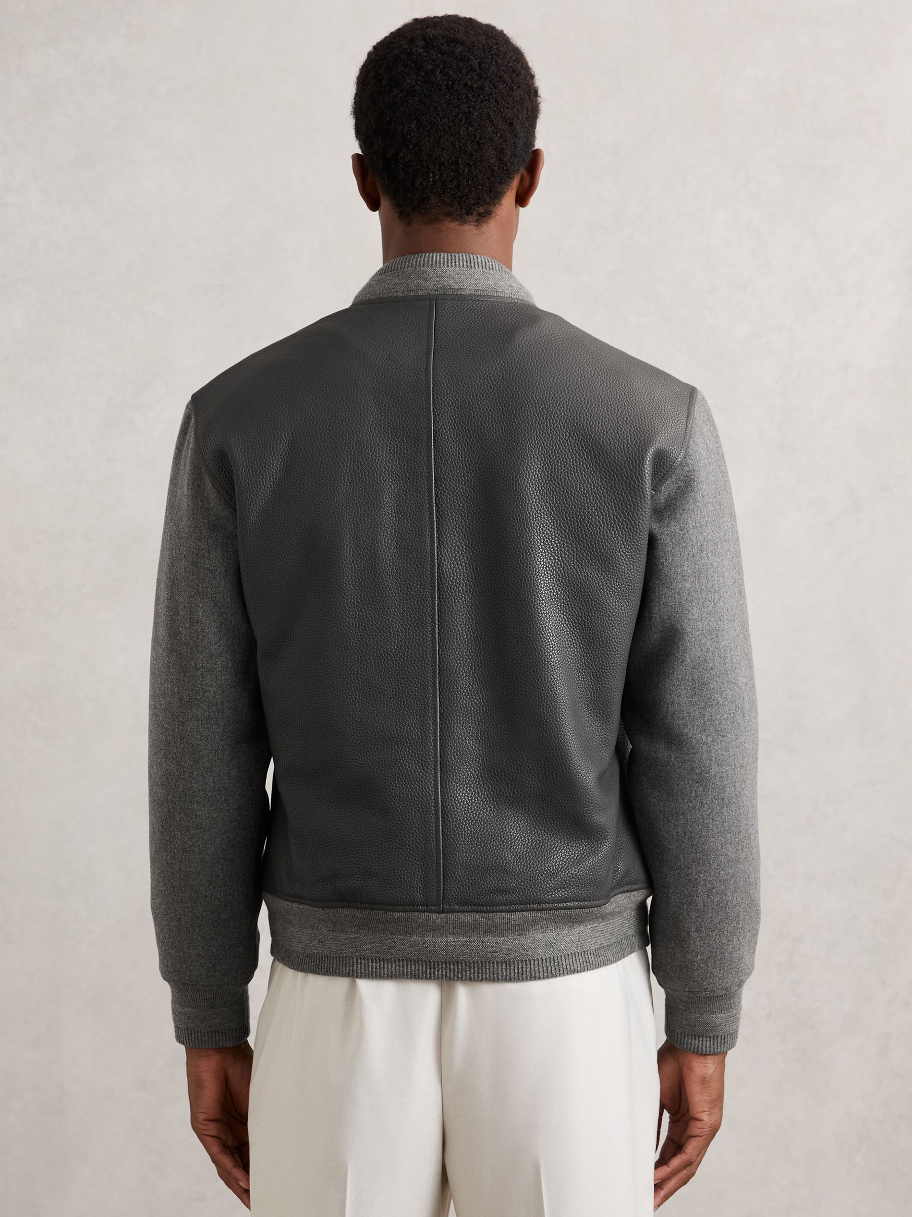 Leather Contrast-Sleeve Bomber Jacket in Grey