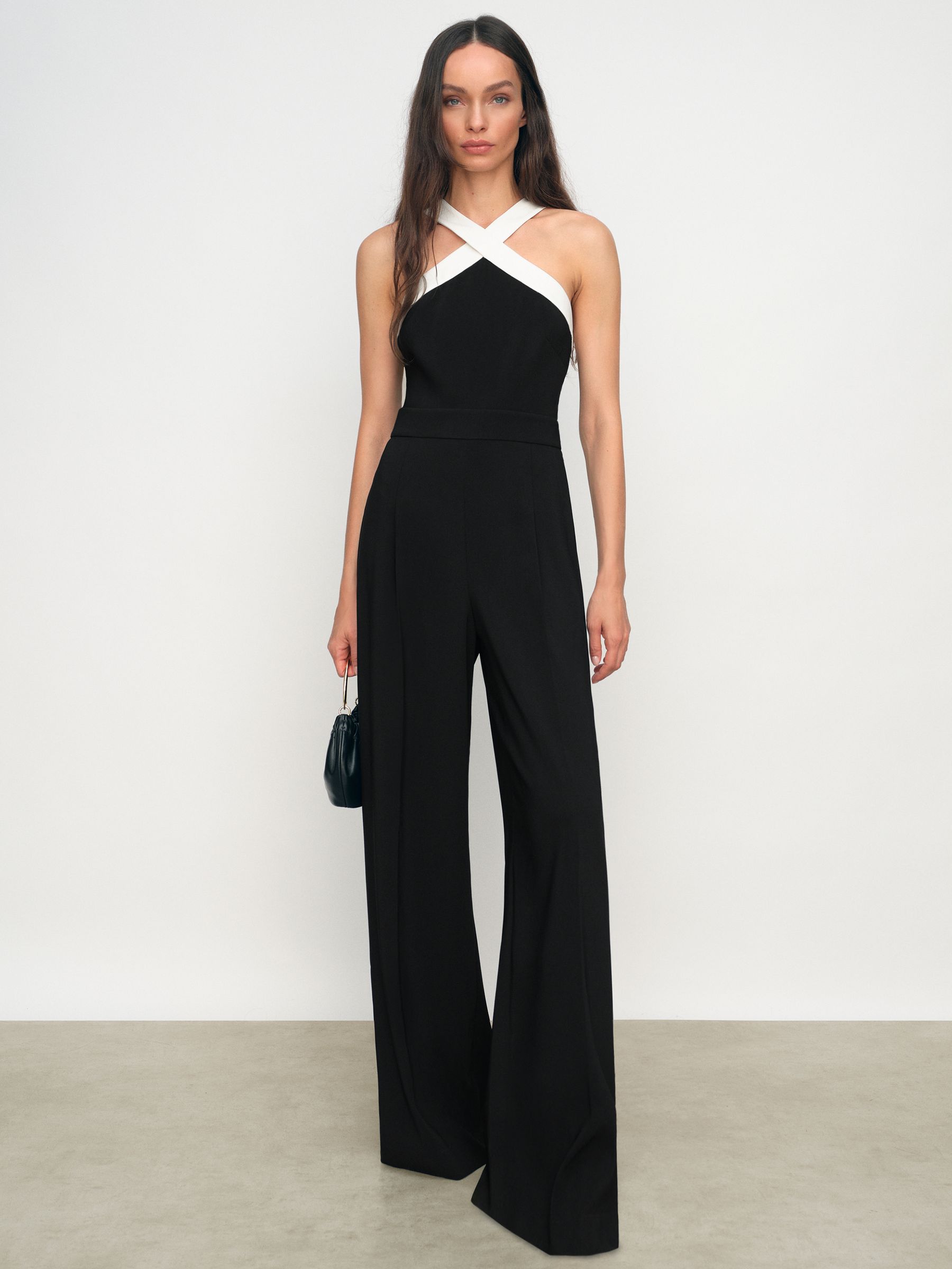 Colour-Block Halter Wide-Leg Jumpsuit in Black/Cream