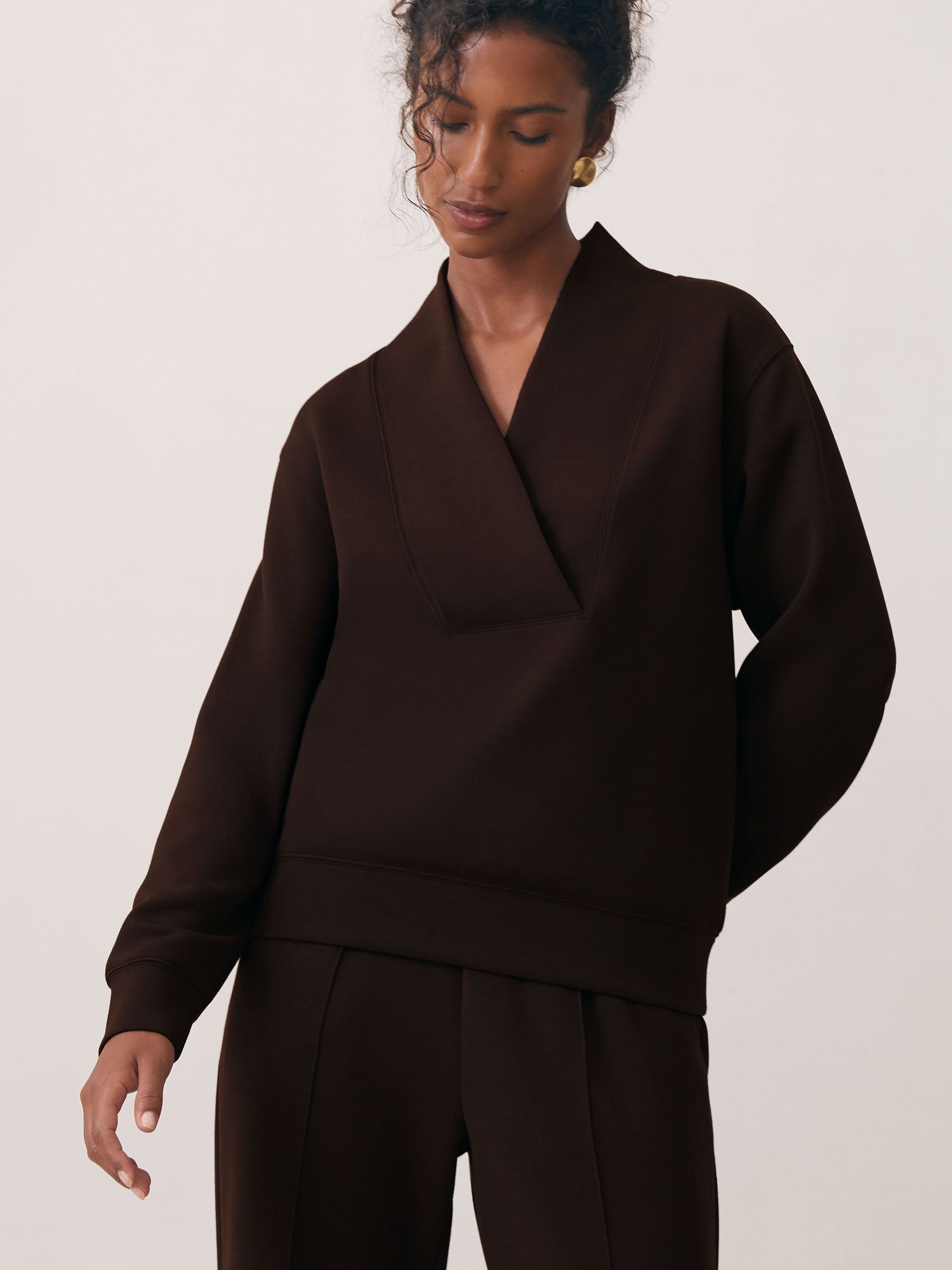 Interlock Shawl-Neck Sweatshirt with Modal in Dark Chocolate
