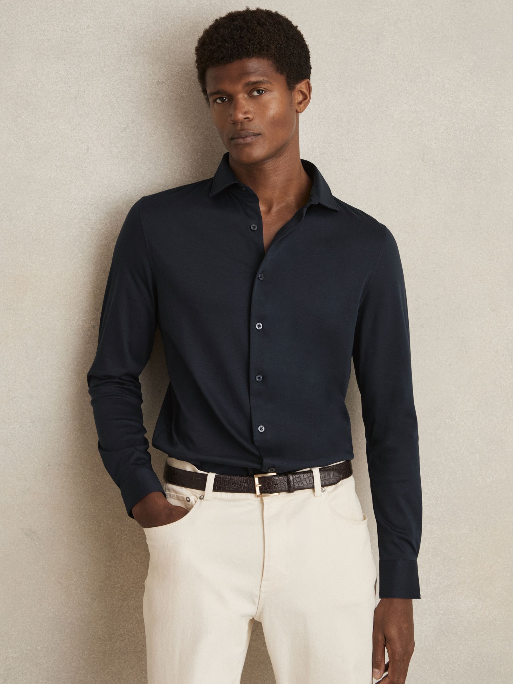 Air-Water Cotton Button-Through Shirt in Navy