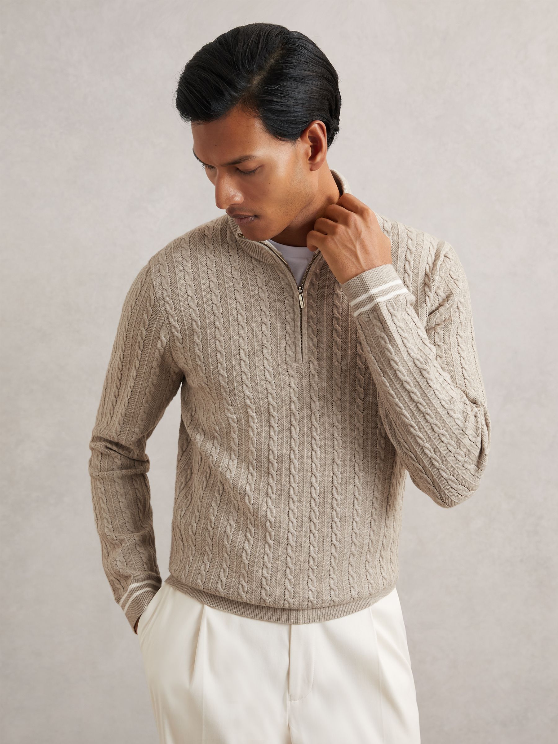Half-Zip Cable Knit Jumper With Wool in Oatmeal Brown