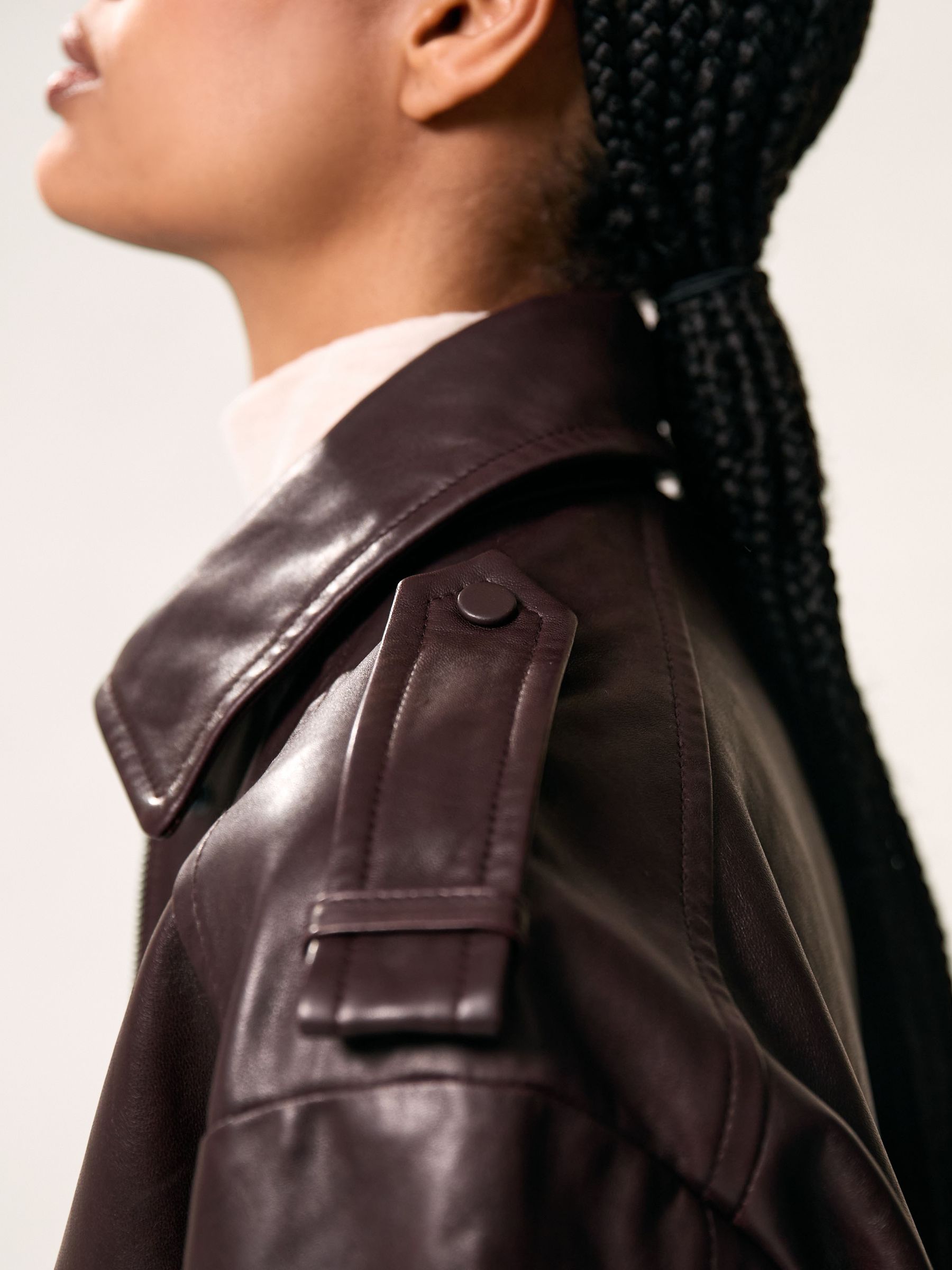 Petite Oversized Leather Jacket in Aubergine