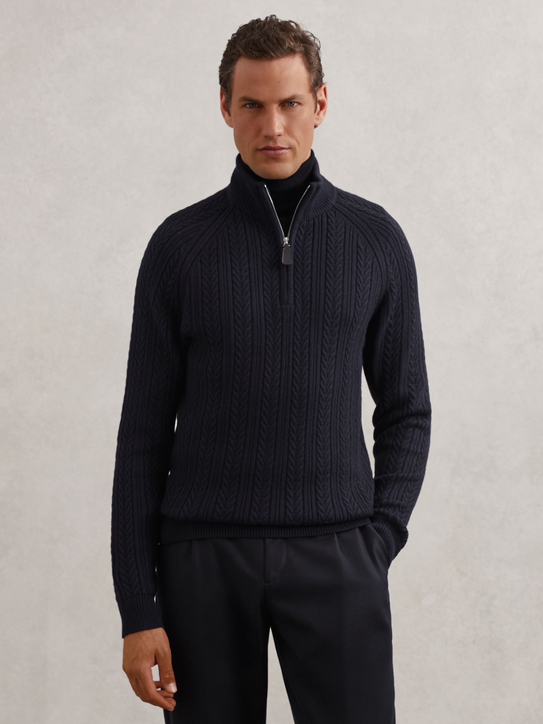 Cable-Knit Half-Zip Jumper with Wool in Navy