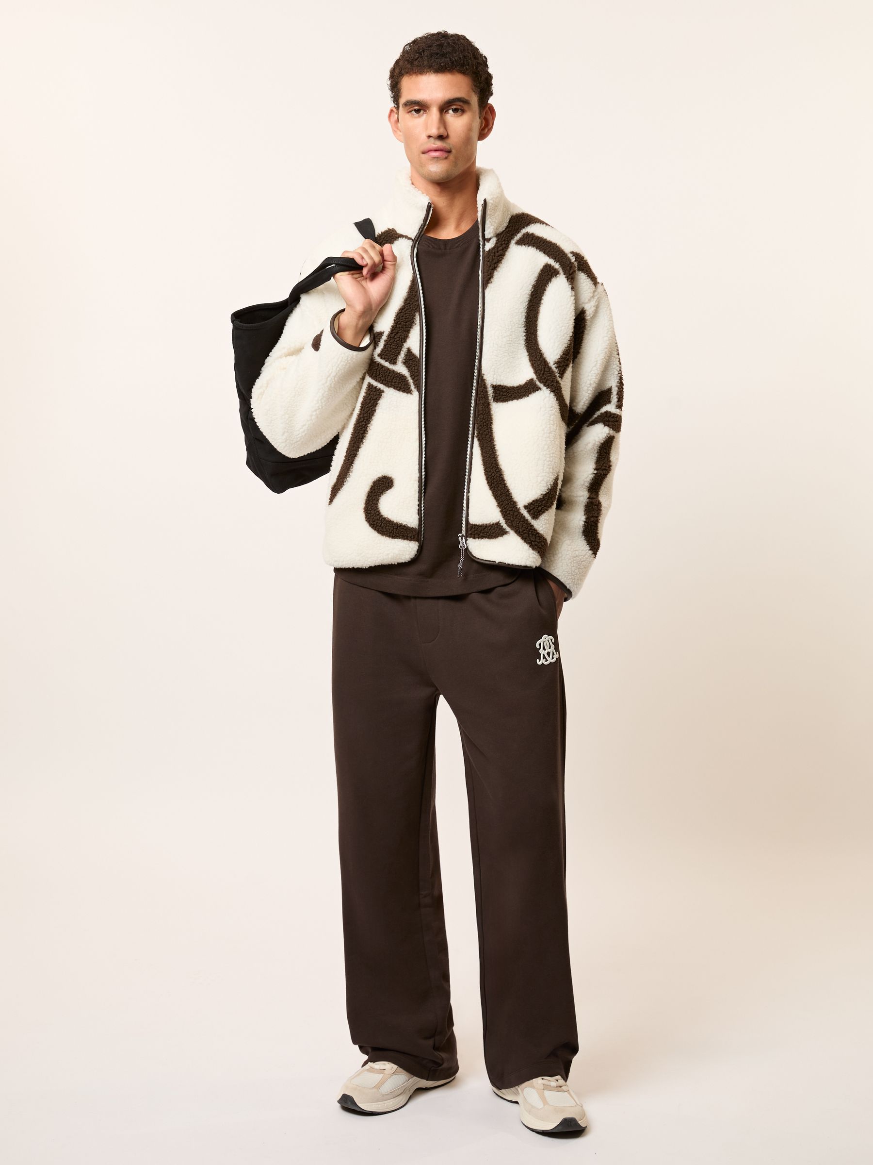Monogram Motif Relaxed Fleece Jacket in White/Brown