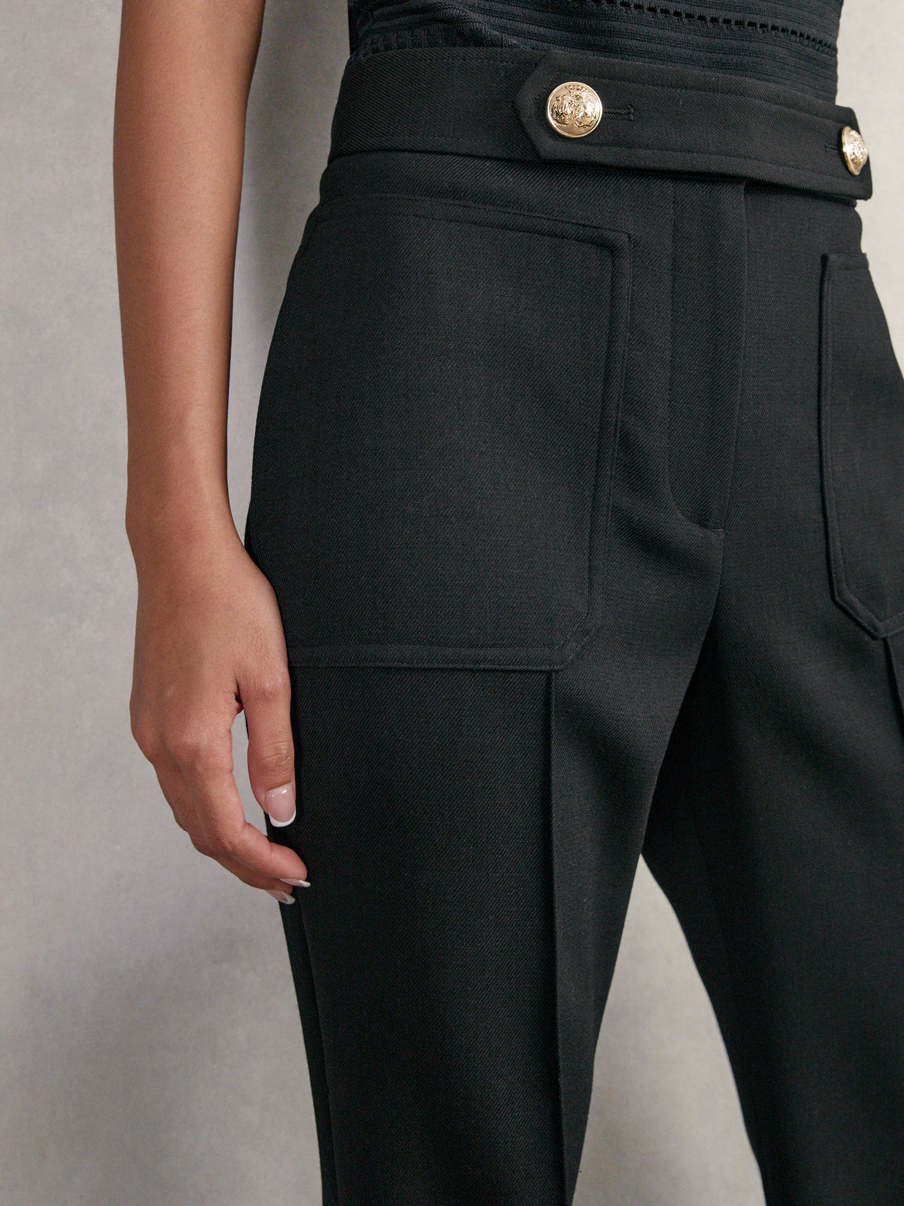 Petite Twill Button-Tab Flared Trousers With Wool in Black