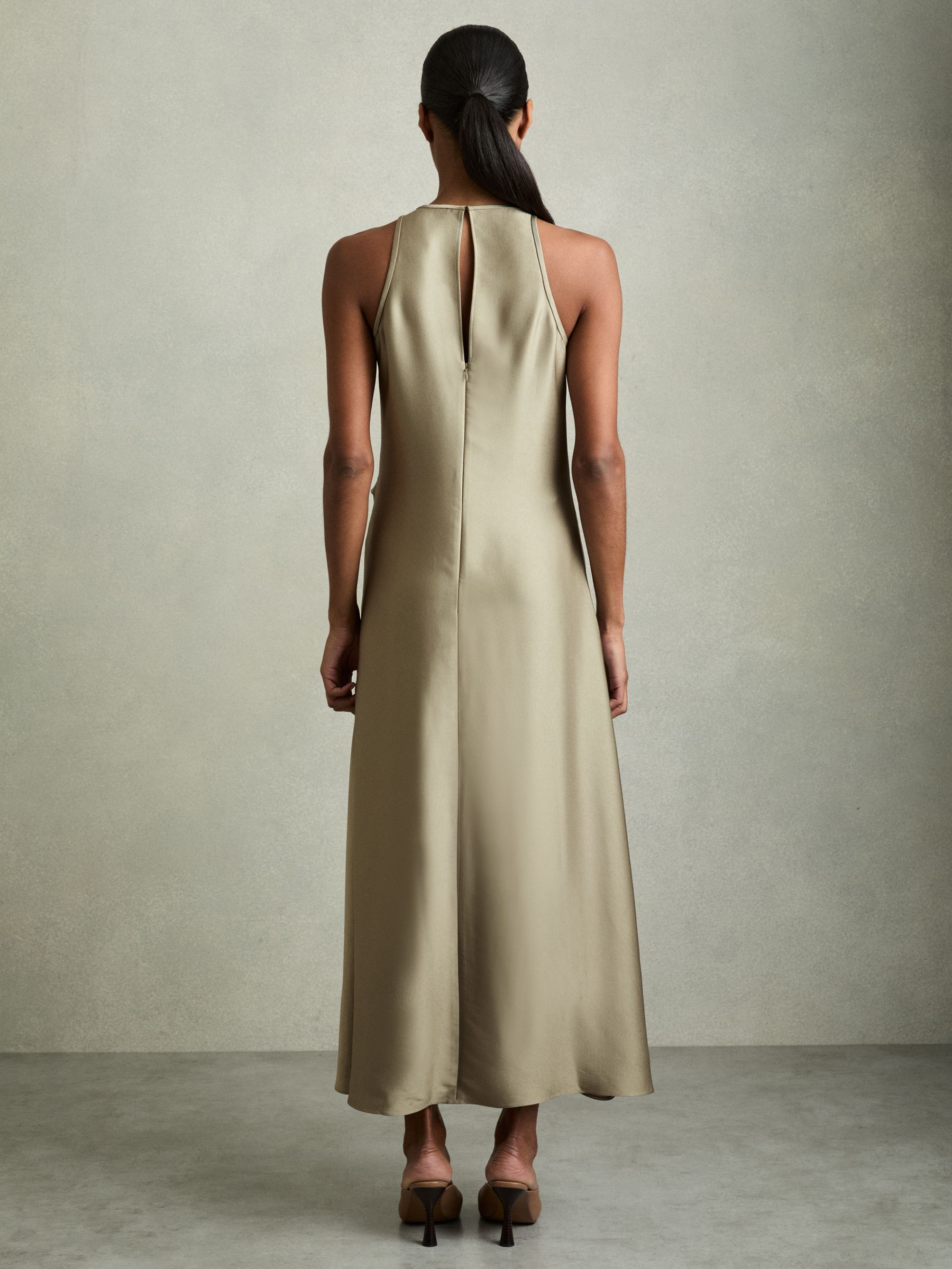 Satin Drape Tuck Midi Dress in Khaki