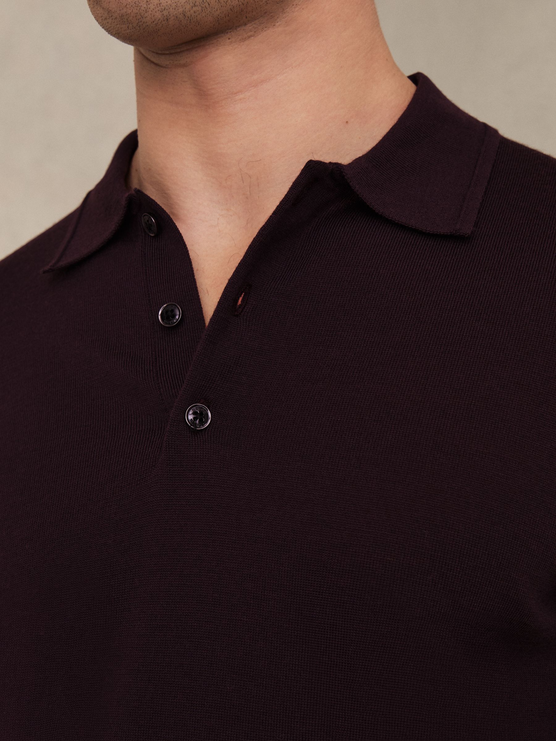 Merino Wool Long-Sleeve Polo Shirt in Dark Bordeaux