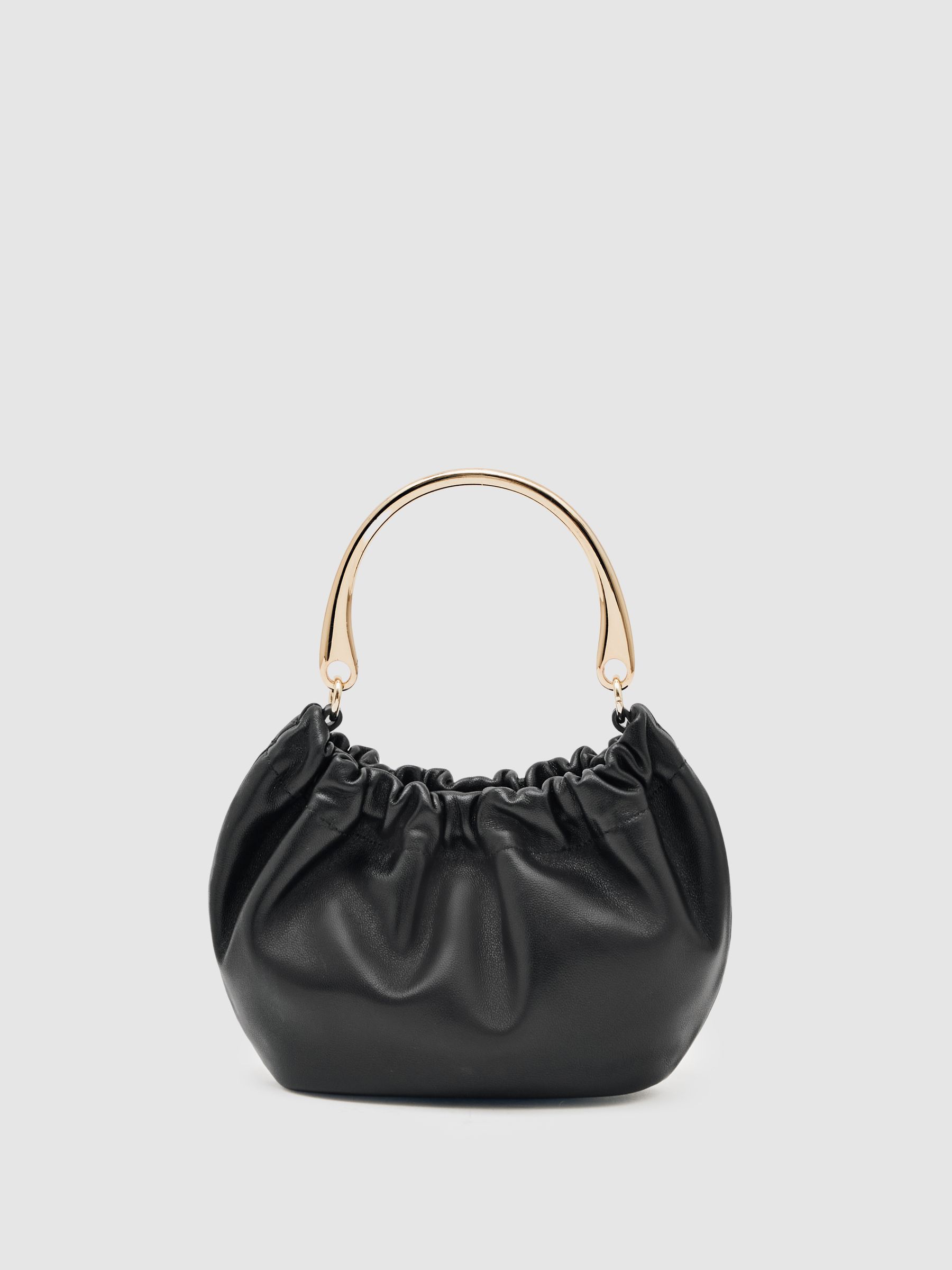 Metal-Handle Leather Clutch Bag in Black