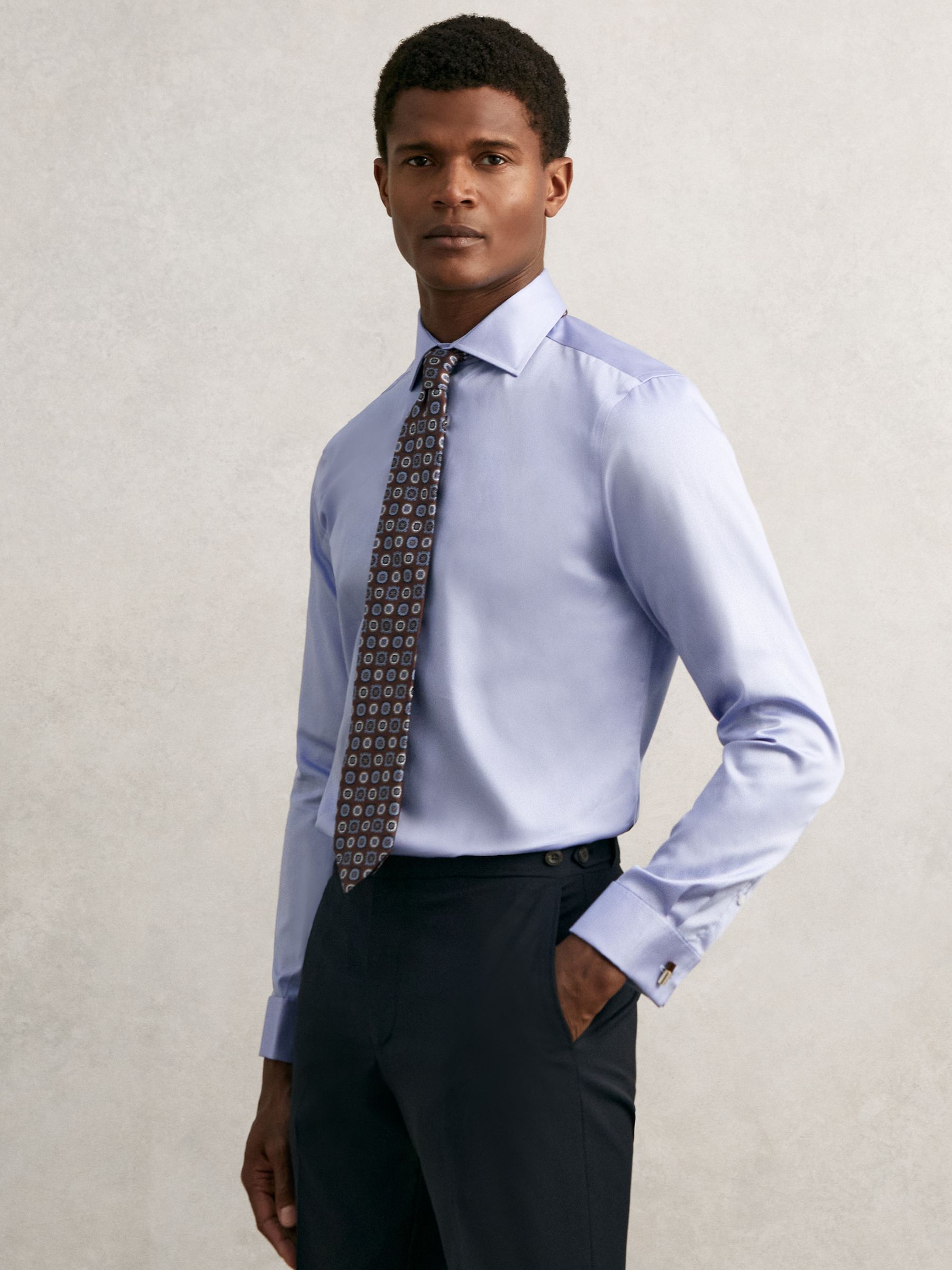 Regular Fit Cotton-Sateen Shirt in Blue Stripe