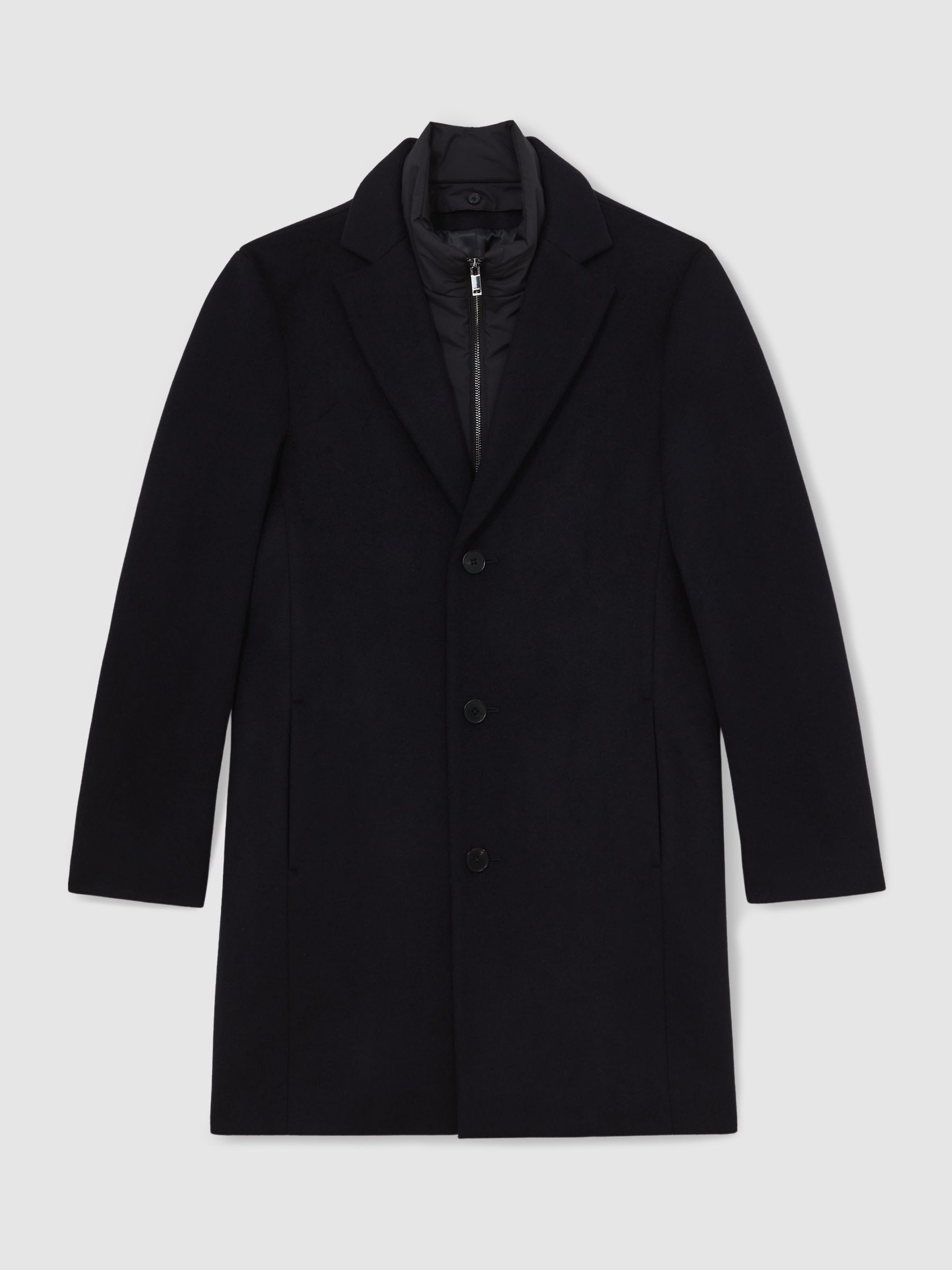 Wool-Blend Internal-Gilet Overcoat in Navy