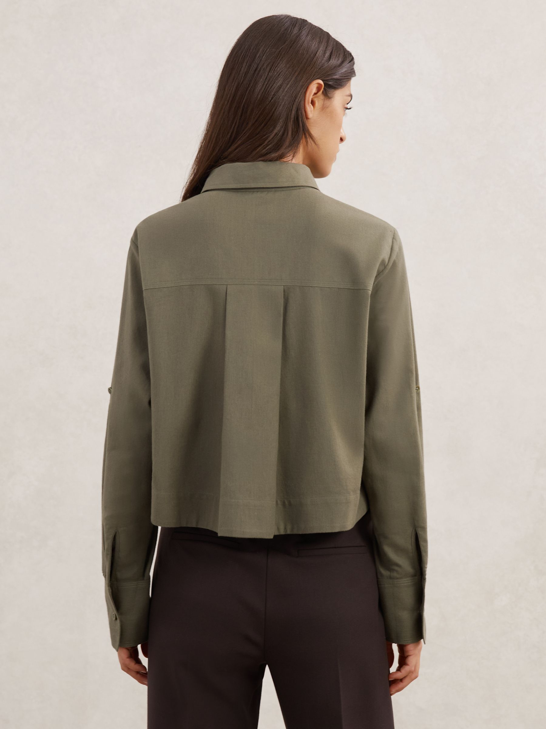 Cotton and Wool Cropped Shirt in Khaki Green