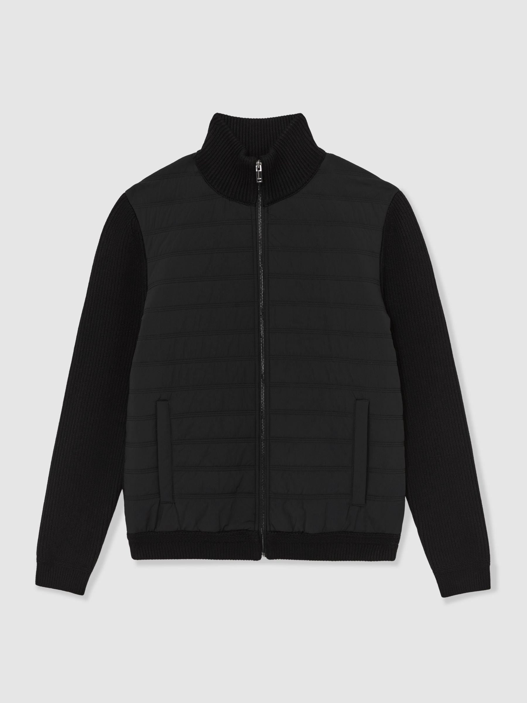 Quilted Rib-Knit Funnel-Neck Jacket in Black