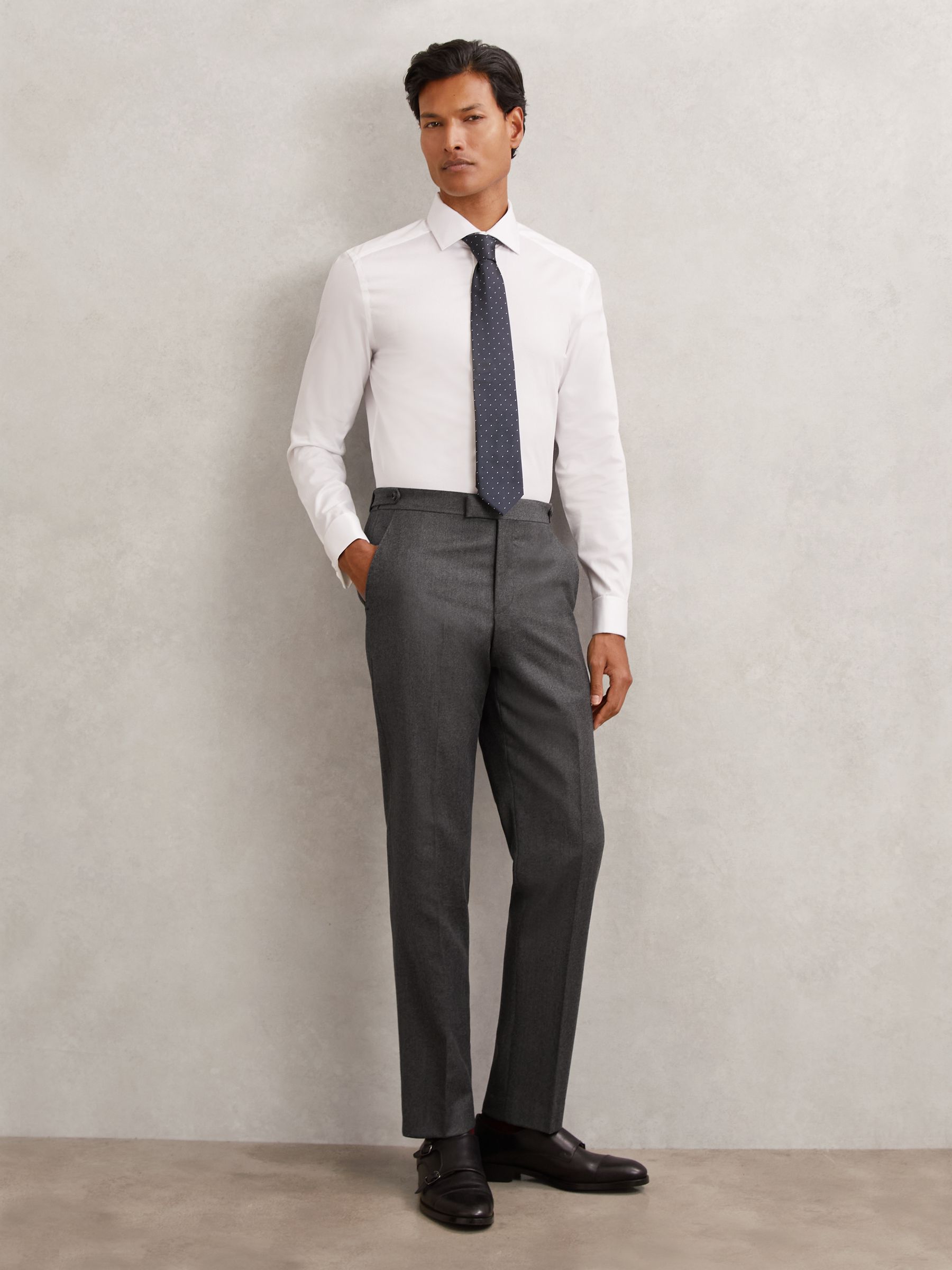 Wool Flannel Tailored-Fit Trousers in Charcoal Grey