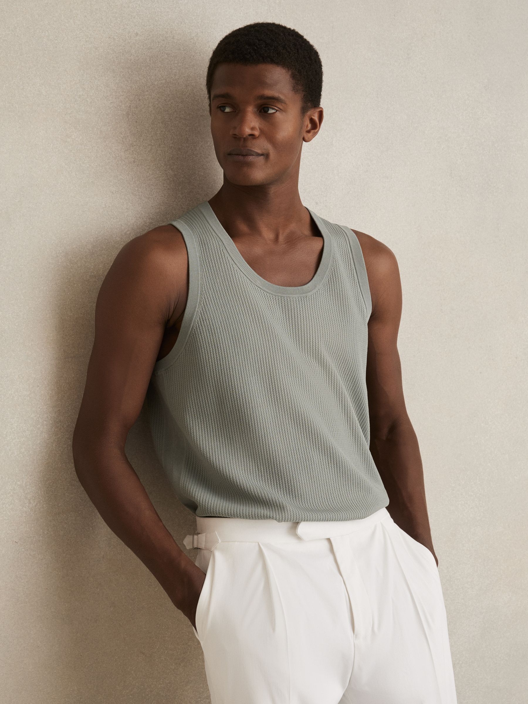 Textured Crew Neck Ribbed Vest in Sage Green