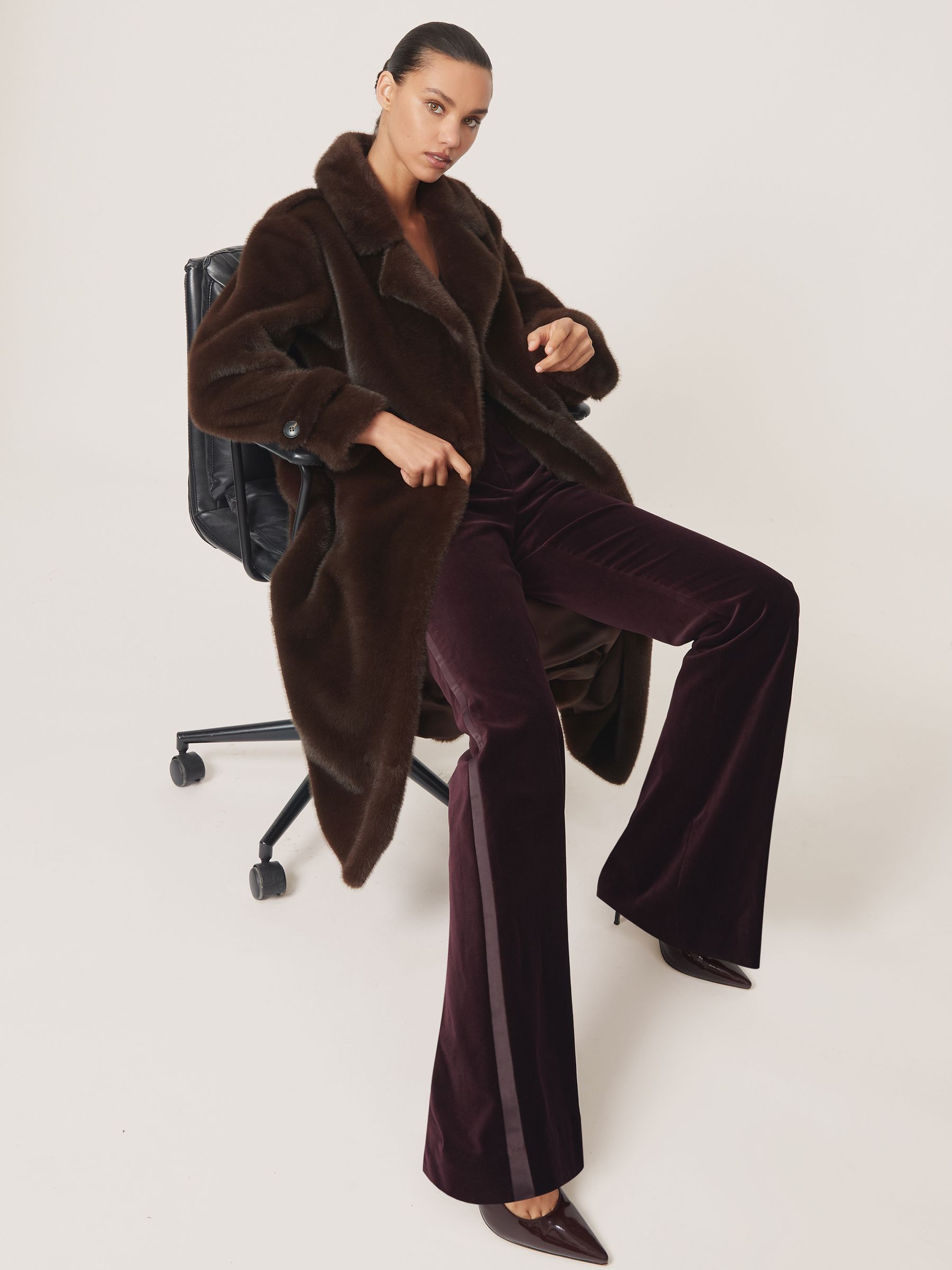 Faux-Fur Long Belted Coat in Chocolate Brown