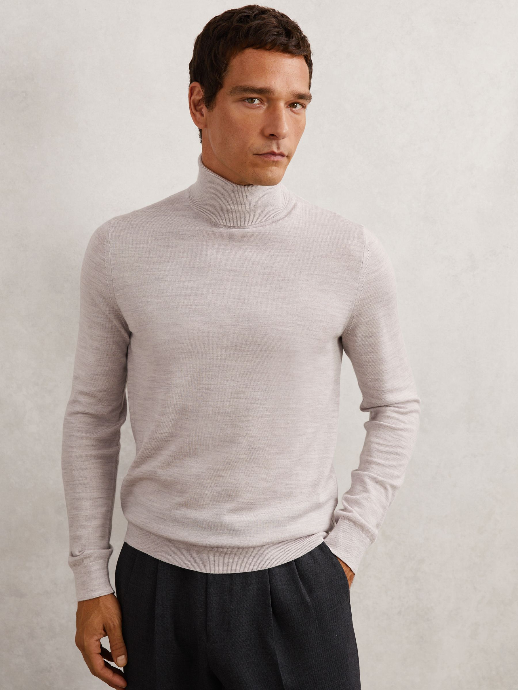 Merino Wool Roll-Neck Jumper in Wicker Brown Melange