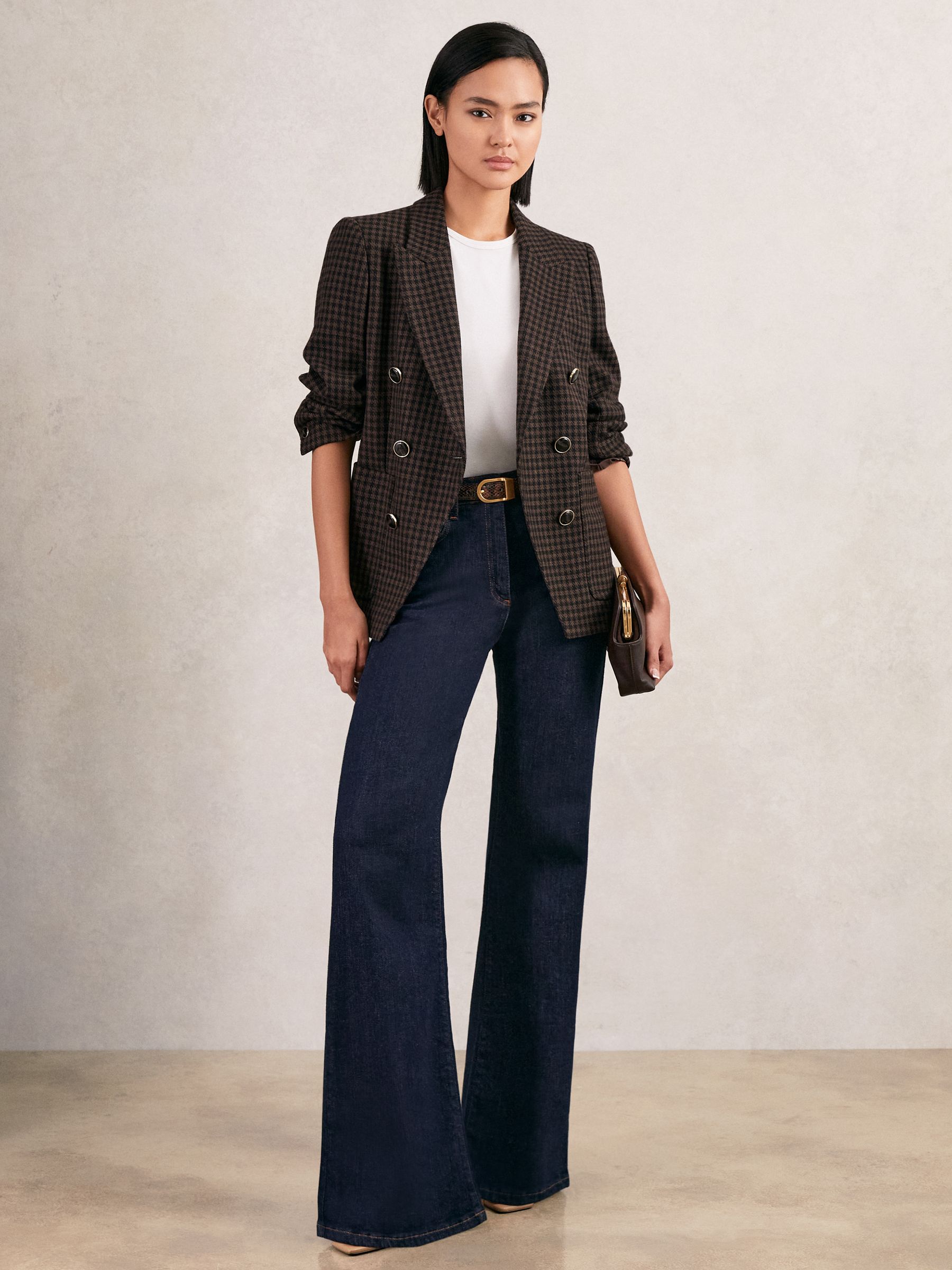 Petite Wool-Blend Double-Breasted Check Blazer in Brown Check