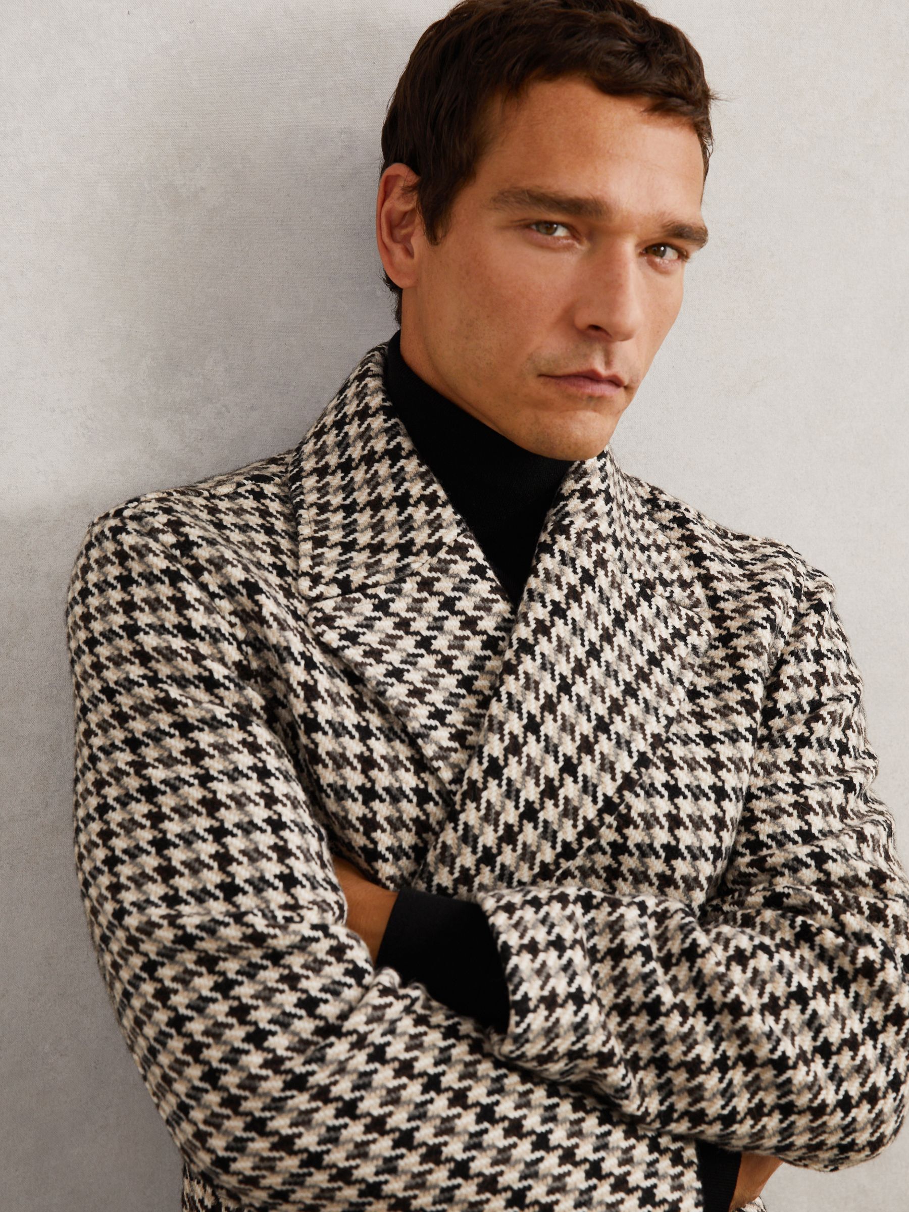 Wool Dogtooth Double-Breasted Overcoat in Brown Multi