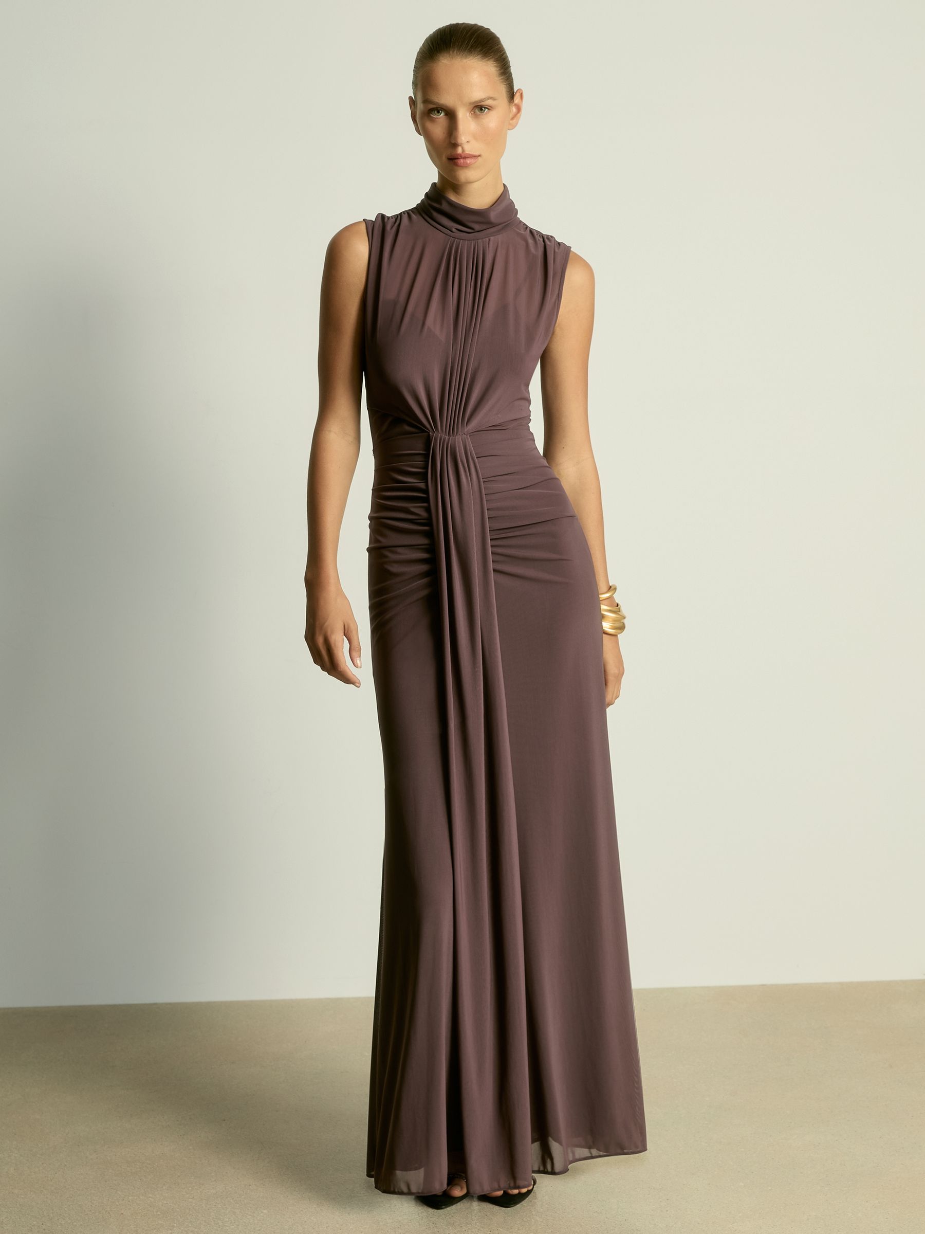 Ruched Sleeveless Maxi Dress in Dark Red