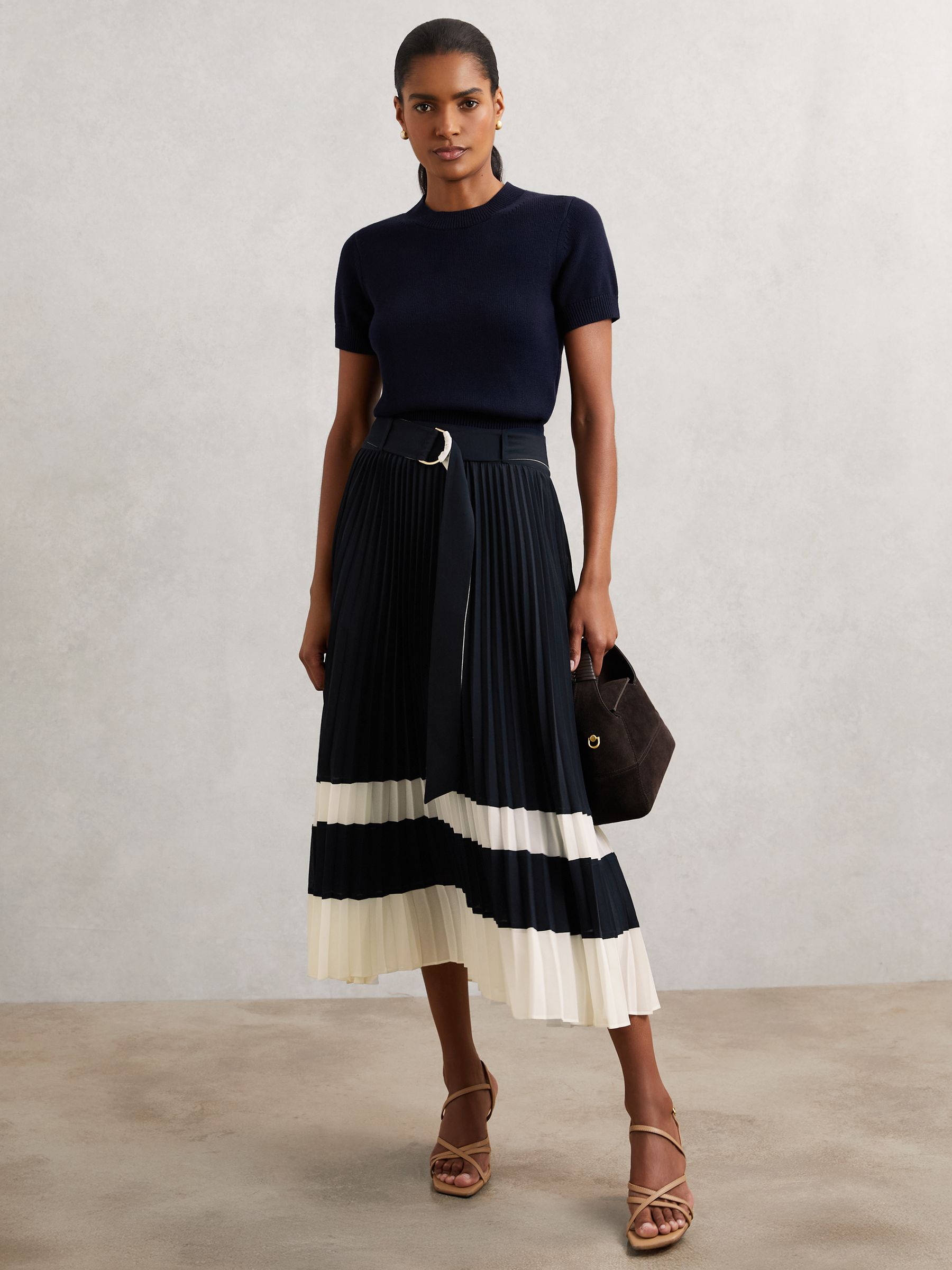 Belted Pleated Midi Skirt in Navy/Ivory