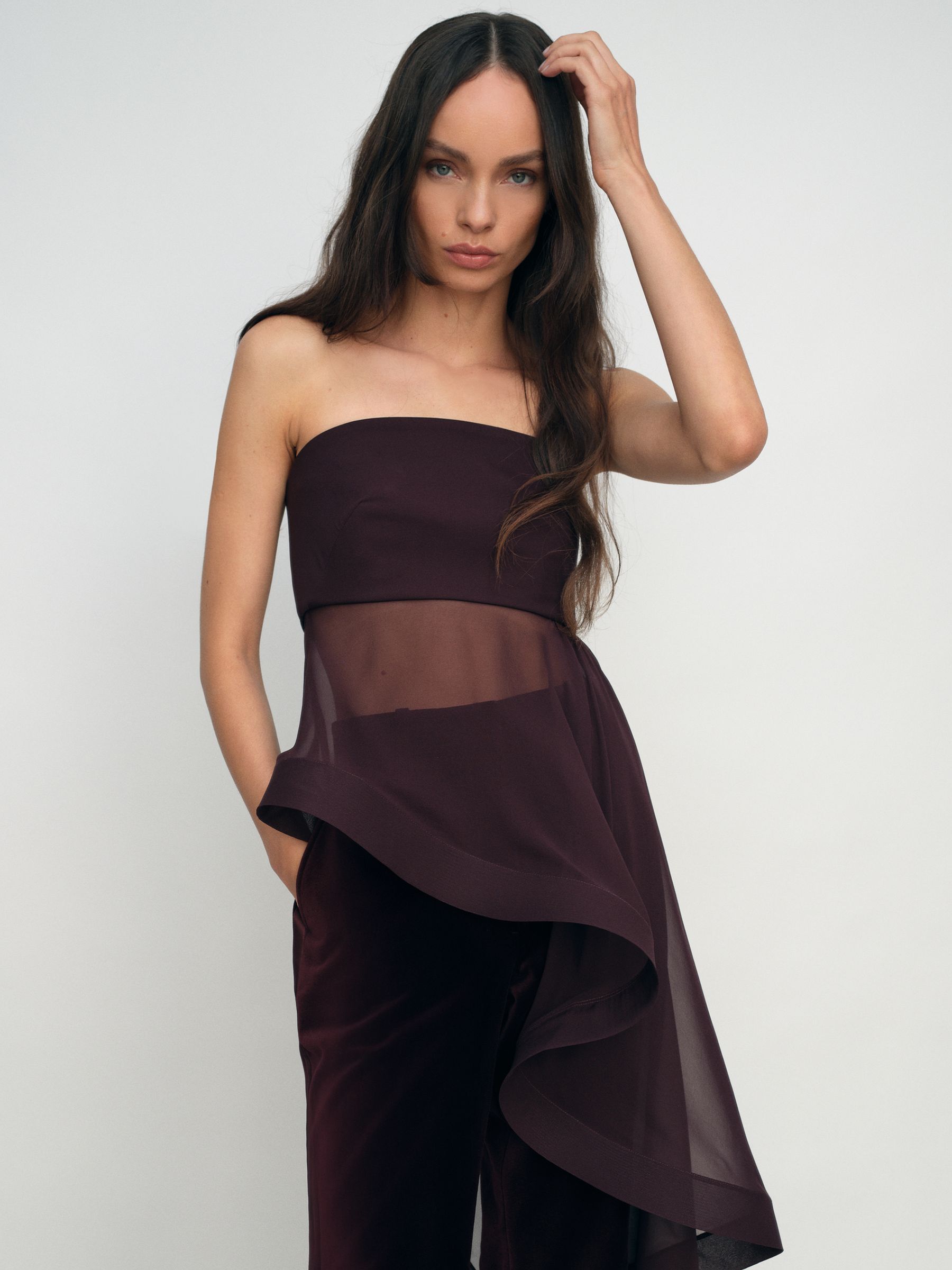 Silk Asymmetric-Ruffle Bandeau Top in Burgundy