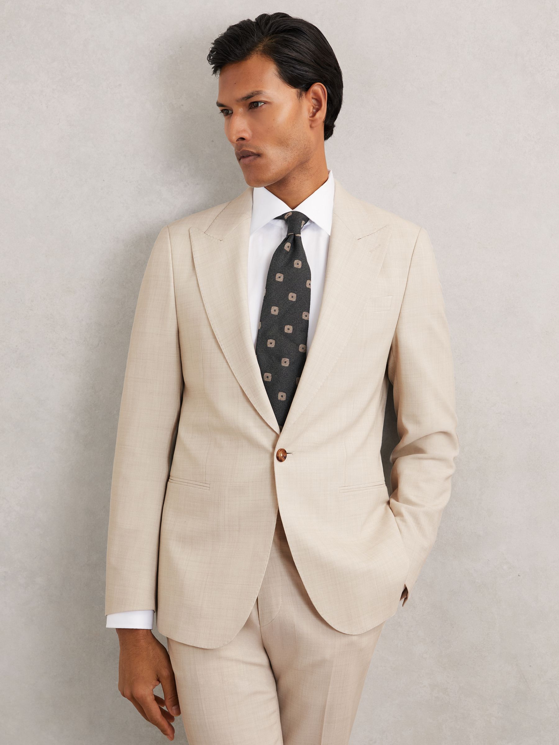 Single-Breasted Textured Suit Blazer Slim-Fit With Wool in Stone