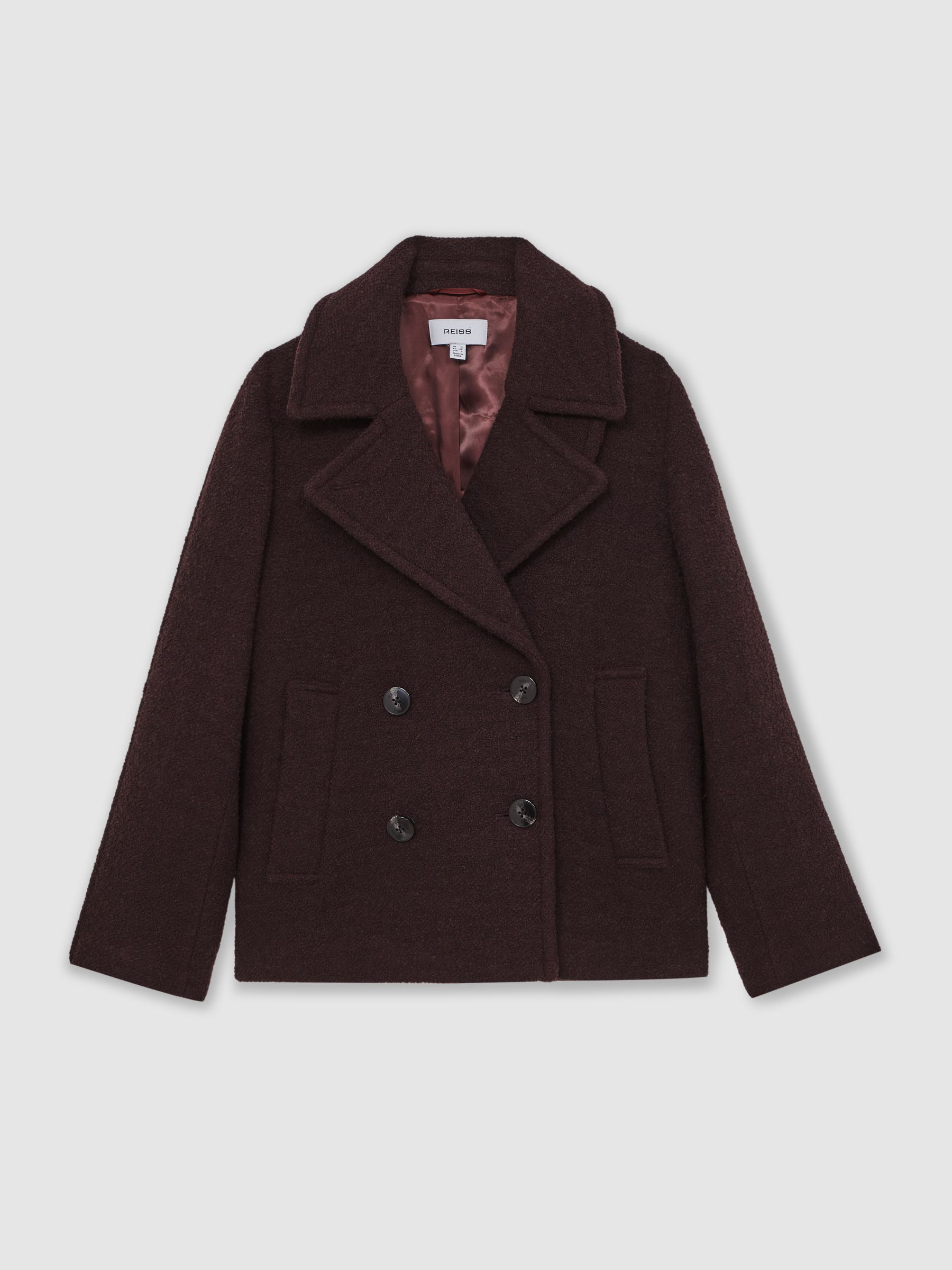 Wool-Blend Double-Breasted Short Coat in Burgundy