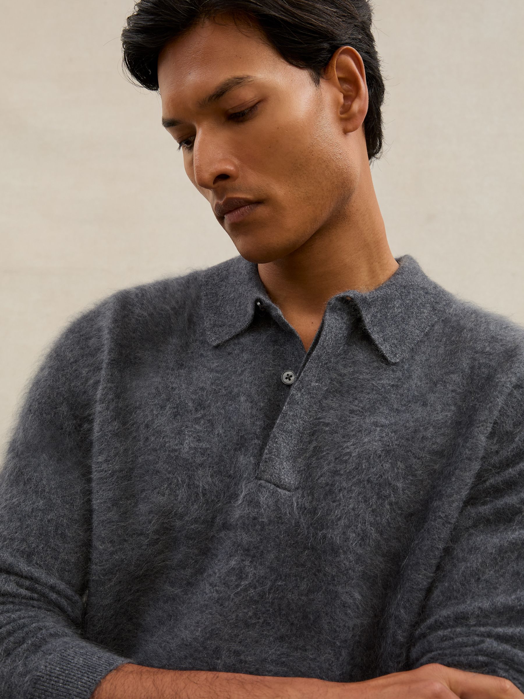 Atelier Brushed-Cashmere Polo Jumper in Mid Grey