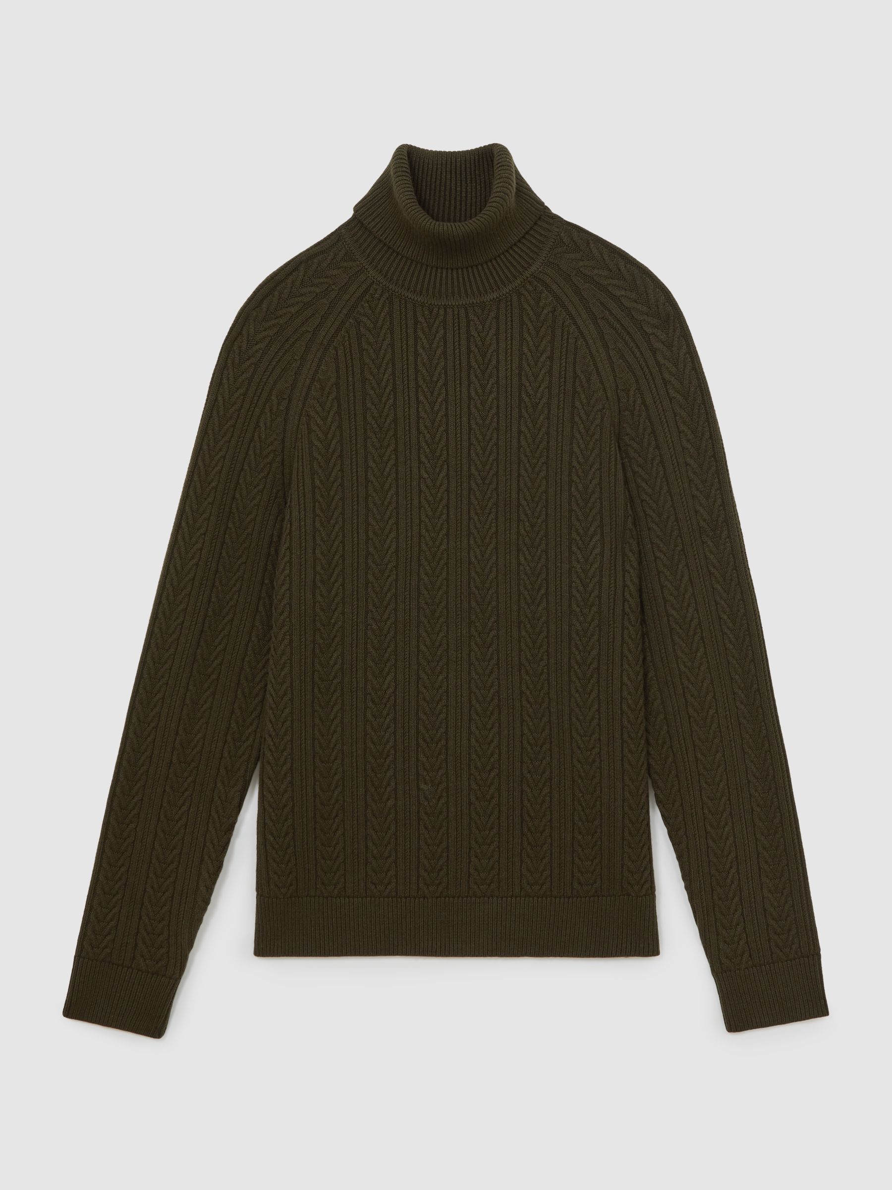 Cable-Knit Roll-Neck Jumper With Wool in Dark Olive Green