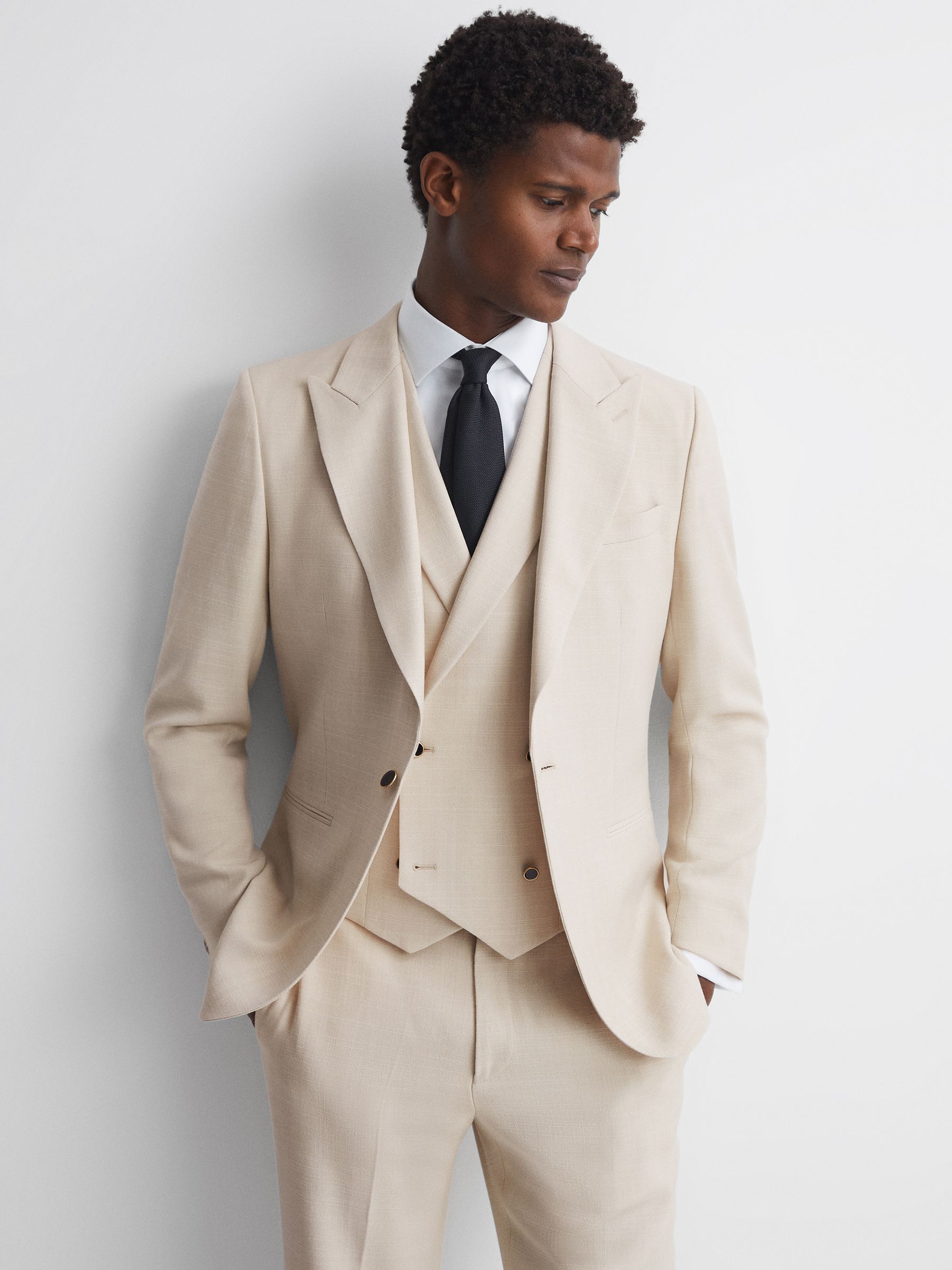Slim Fit Textured Single Breasted Blazer in Ivory