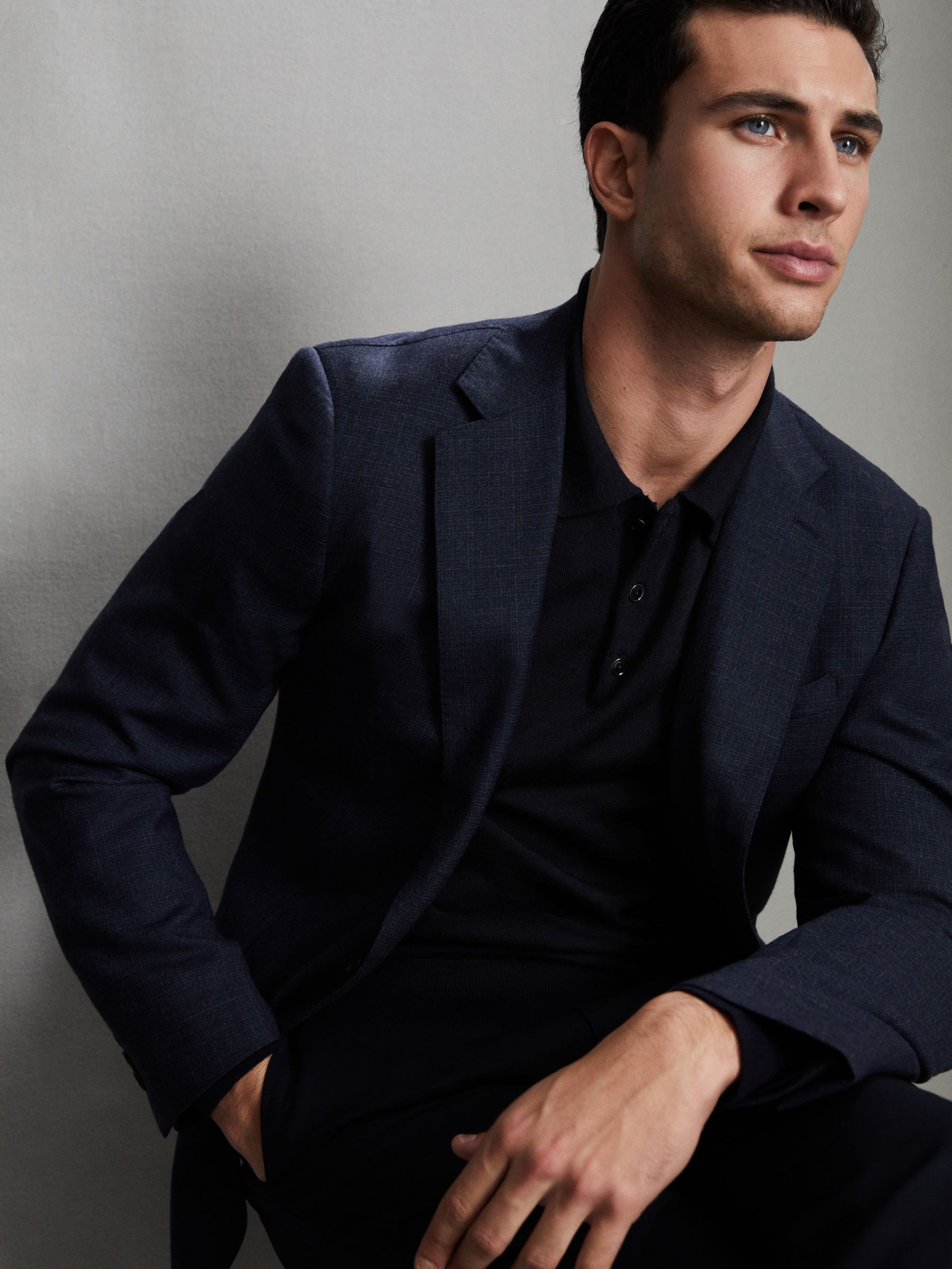 Merino Wool Long-Sleeve Polo Shirt in Navy