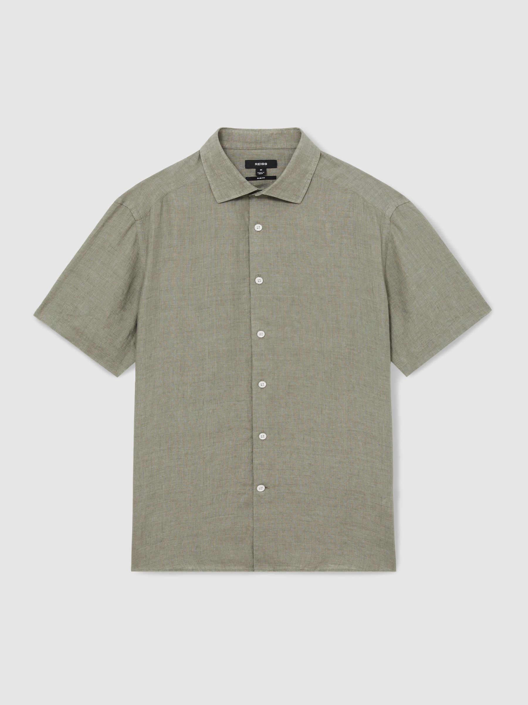 Slim Fit Linen Button-Through Shirt in Thyme Green