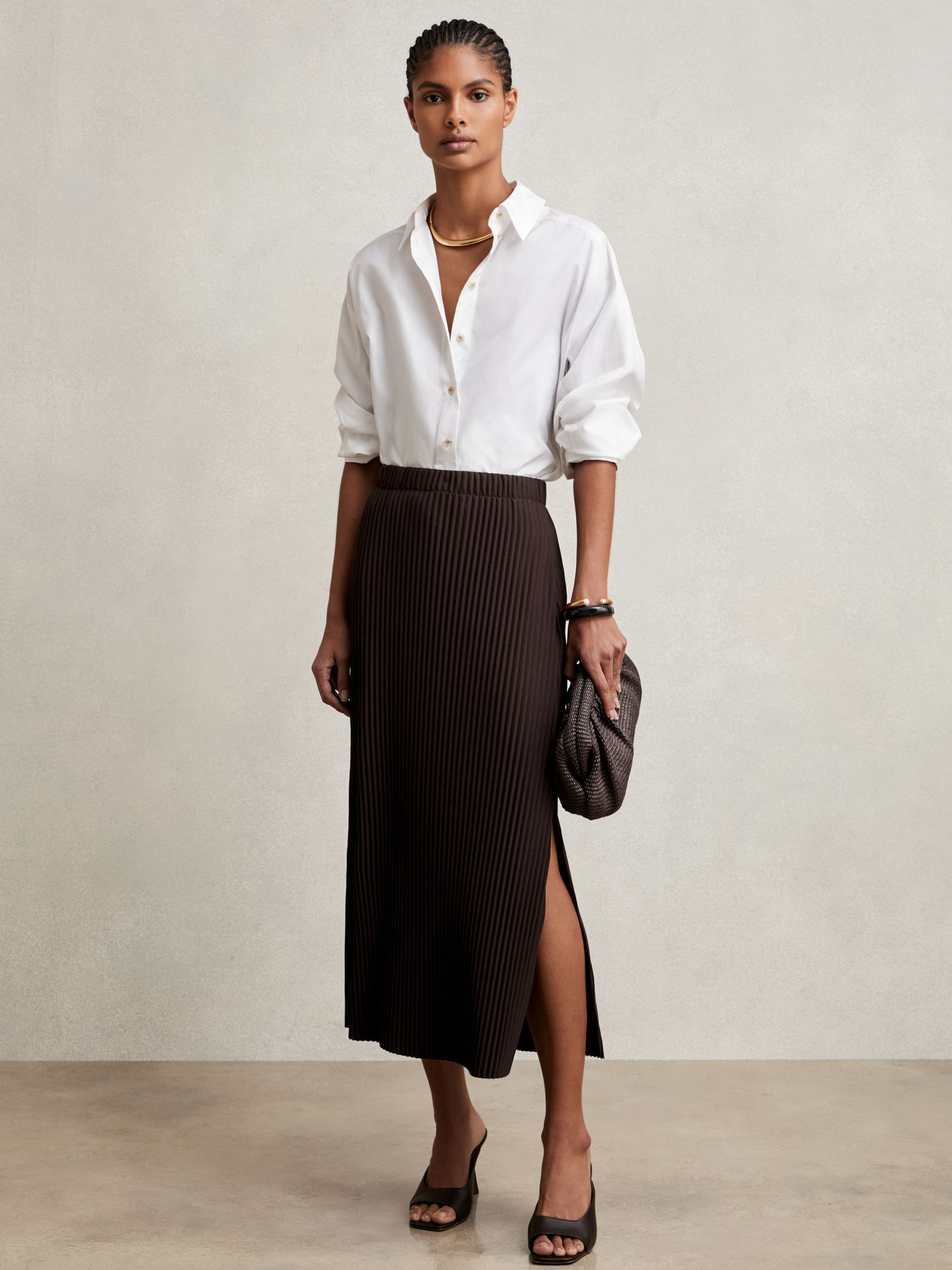 Pleated Jersey Midi Skirt in Burgundy