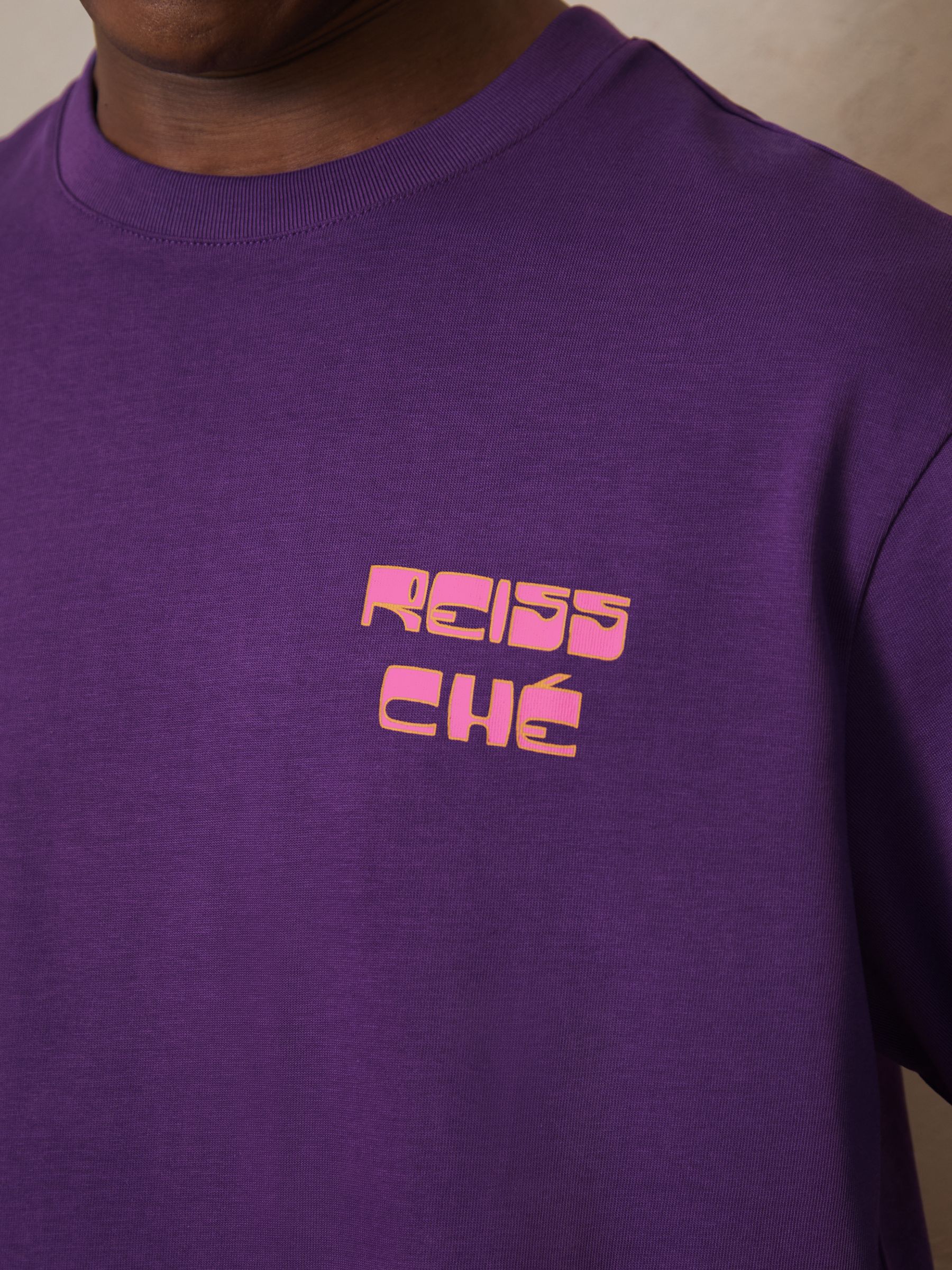 Reiss | Ché Cotton Palm-Print T-Shirt in Purple